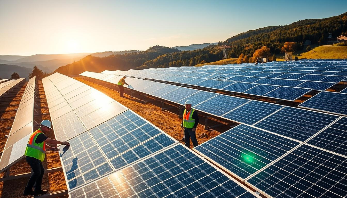 A bustling solar energy plant nestled in the French countryside, capturing the sun's rays with sleek photovoltaic panels. In the foreground, workers in hard hats and safety vests are assembling and installing the panels, their movements captured in a dynamic, cinematic composition. The middle ground features gleaming rows of solar arrays, their surfaces reflecting the warm glow of the sun. In the background, rolling hills and lush forests create a picturesque natural backdrop, highlighting the integration of renewable energy into the local landscape. The overall scene conveys a sense of progress, innovation, and the creation of skilled, green jobs that support the growth of the solar industry in France.