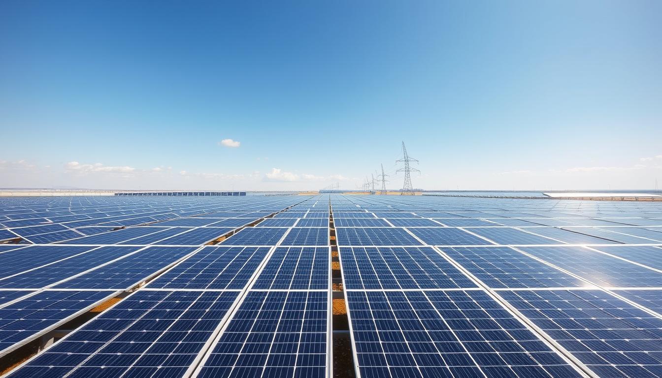 A large-scale solar power array, with rows of sleek, modern solar panels neatly arranged across a vast, sun-drenched field. The panels are angled to capture the maximum sunlight, their glossy surfaces reflecting the bright, cloudless sky above. In the foreground, a few panels are highlighted, showcasing their intricate engineering and efficient design. The middle ground features a mix of full and partial panel views, creating a sense of depth and scale. In the background, the horizon is dotted with more solar arrays, stretching as far as the eye can see, symbolizing the sheer power and potential of this renewable energy source. The overall scene conveys a sense of technical sophistication, environmental harmony, and the promise of clean, reliable energy generation.