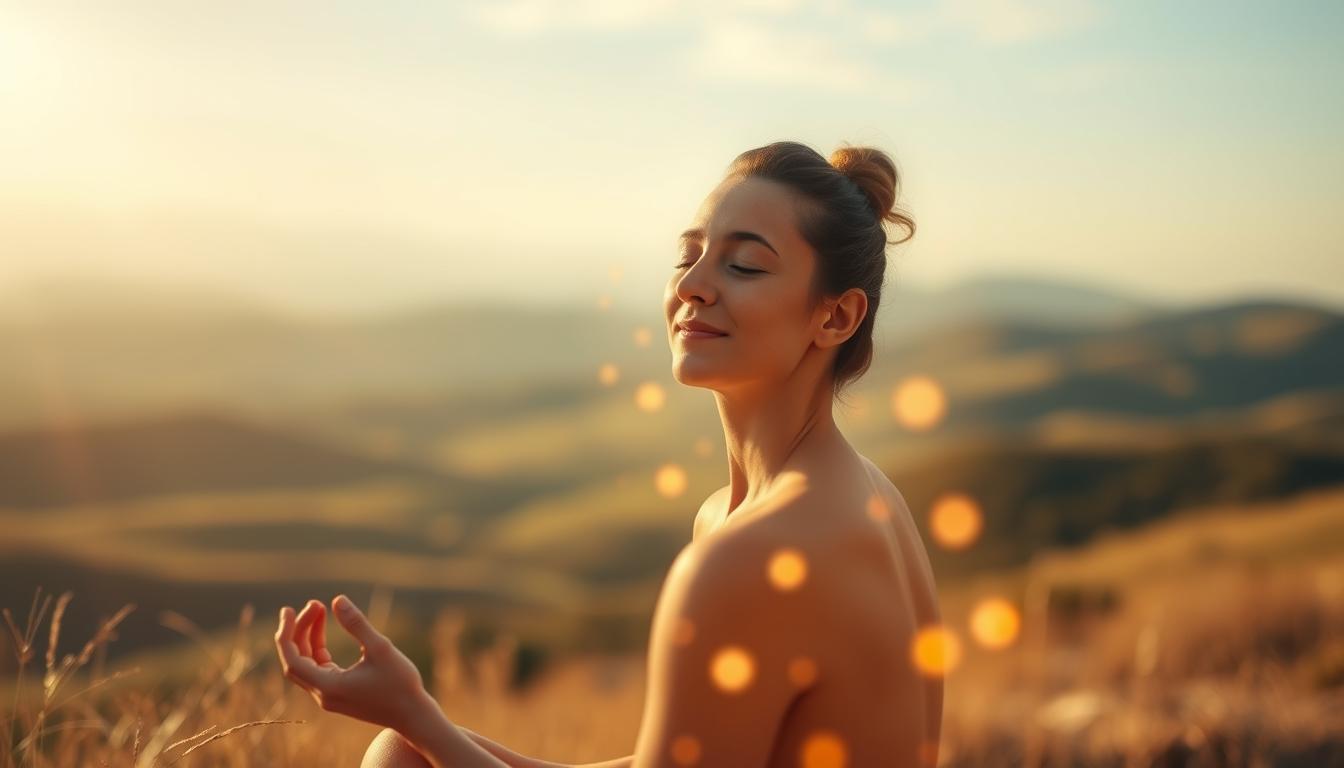A serene scene of emotional liberation through osteopathy. In the foreground, a figure in a meditative pose, their face expressing a sense of inner calm and release. The middle ground features a subtly glowing energy field surrounding the figure, symbolizing the flow of healing energies. In the background, a softly blurred landscape of rolling hills and a tranquil sky, creating a calming, introspective atmosphere. Warm, natural lighting illuminates the scene, casting a gentle, therapeutic glow. Captured with a wide-angle lens to convey a sense of spaciousness and emotional resonance.