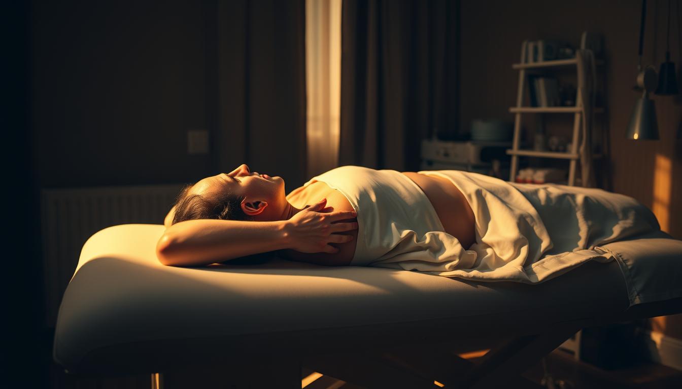 A person lying on a massage table, their face contorted in a expression of mild discomfort. The room is dimly lit, with warm, golden lighting casting long shadows. The table is surrounded by medical equipment and supplies, conveying the clinical setting of an osteopathic treatment. The person's body is partially covered by a soft, white sheet, creating a sense of vulnerability. The overall atmosphere is one of healing and recovery, with a hint of the temporary pain that can accompany osteopathic adjustments.