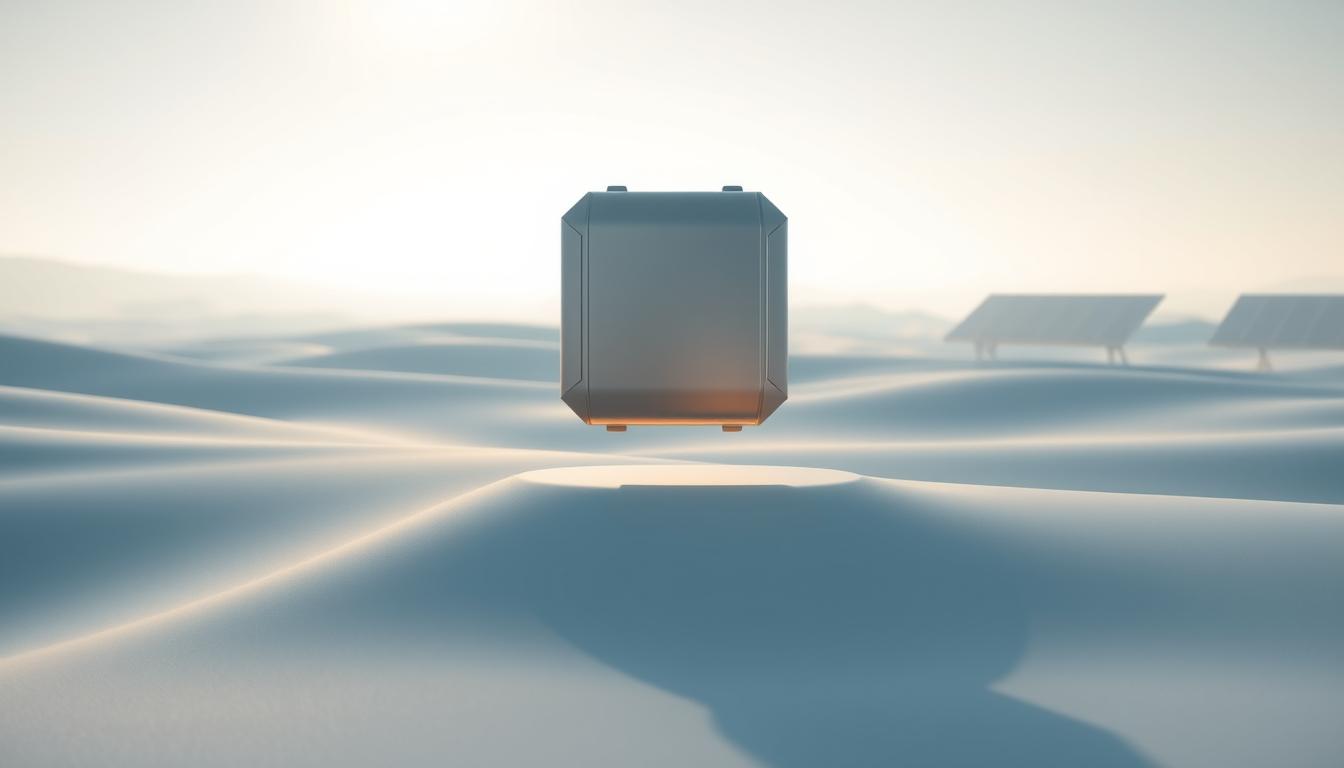 A serene, minimalist scene depicting a "virtual battery" for storing solar energy. In the foreground, a sleek, geometric battery module floats weightlessly, its surfaces reflecting the warm glow of sunlight. The middle ground features a clean, futuristic landscape with smooth, flowing forms and a subtle color palette of blues and grays. In the background, a hazy horizon is punctuated by the silhouettes of solar panels, hinting at the renewable energy source powering this virtual storage system. The scene is illuminated by a soft, diffused lighting that creates a sense of tranquility and technological sophistication. The overall composition conveys the idea of efficient, sustainable energy storage without physical constraints.