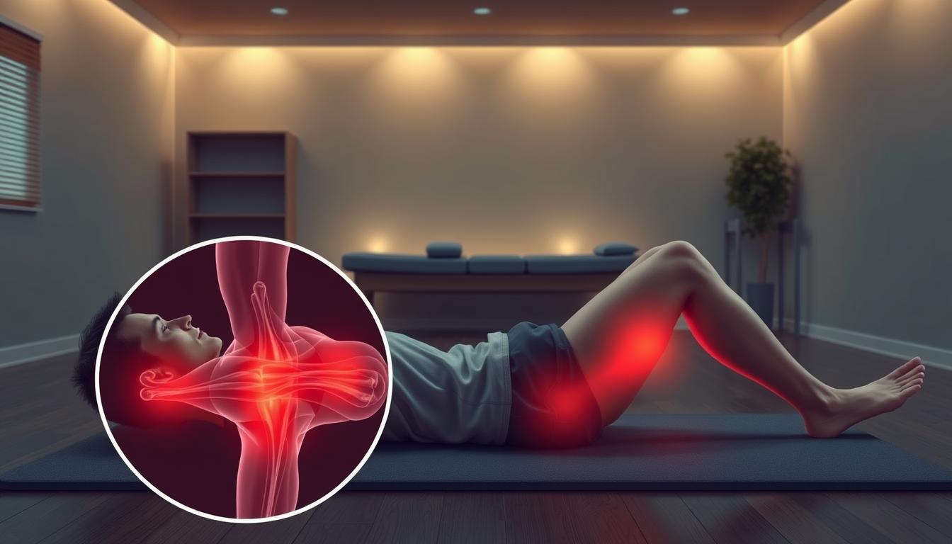 A detailed illustration of a person performing therapeutic exercises to alleviate adductor muscle pain. In the foreground, a person lies on their side, gently stretching their inner thigh muscles. The middle ground shows a close-up view of the adductor region, highlighting the targeted muscle groups. The background depicts a serene, dimly lit physical therapy studio, with soothing natural lighting and minimal distractions. The overall mood is calm and focused, conveying the importance of proper rehabilitation techniques for effectively treating adductor discomfort.