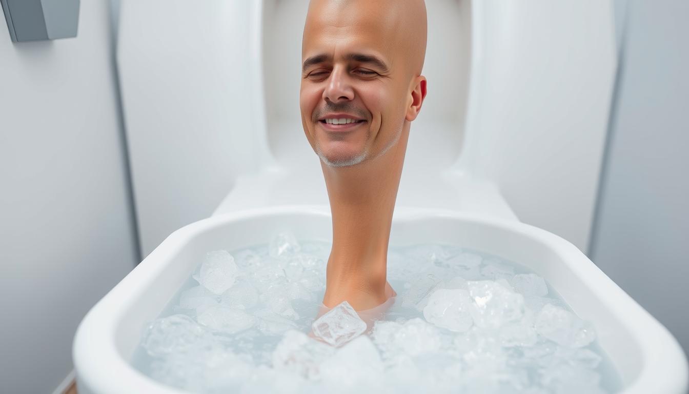 A cryotherapy session for muscle pain relief. A patient's leg is immersed in a tub filled with ice water, creating a therapeutic chill. The scene is captured in a clean, clinical setting with bright, even lighting, showcasing the treatment's simplicity and effectiveness. The subject's expression conveys a sense of relief as the cold therapy soothes their muscular discomfort. The composition emphasizes the leg and tub, with a minimal, white background to focus the viewer's attention on the cryotherapy process.