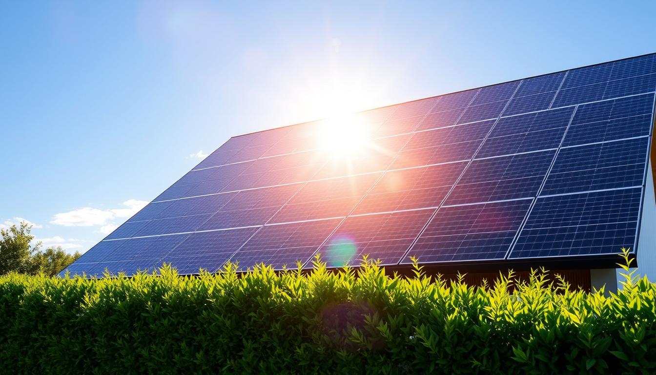 An expansive solar panel array, positioned atop a modern residential home, casting a warm glow against a vibrant blue sky. The panels are arranged in a seamless grid, their sleek black surfaces reflecting the sunlight with efficient precision. In the foreground, a lush green lawn and neatly trimmed hedges frame the scene, creating a harmonious blend of nature and technology. The angles of the panels are carefully optimized, maximizing the capture of solar energy and showcasing the financial benefits of this sustainable power source. An overall sense of tranquility and environmental consciousness permeates the image, reflecting the long-term cost savings and environmental advantages of solar energy in France.
