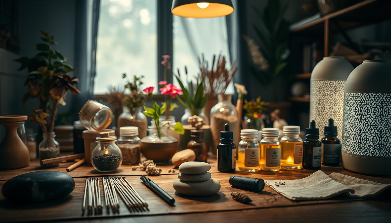 A dimly lit room filled with an array of natural remedies, herbal tinctures, and essential oil diffusers. In the foreground, a variety of alternative medicine tools such as acupuncture needles, massage stones, and a gua sha tool are neatly arranged on a wooden table. The middle ground features potted plants, dried flowers, and jars containing healing herbs and spices. The background is hazy, with soft lighting casting a warm, soothing glow over the scene, evoking a sense of tranquility and holistic wellness. The overall atmosphere is one of natural, traditional approaches to pain relief and well-being.