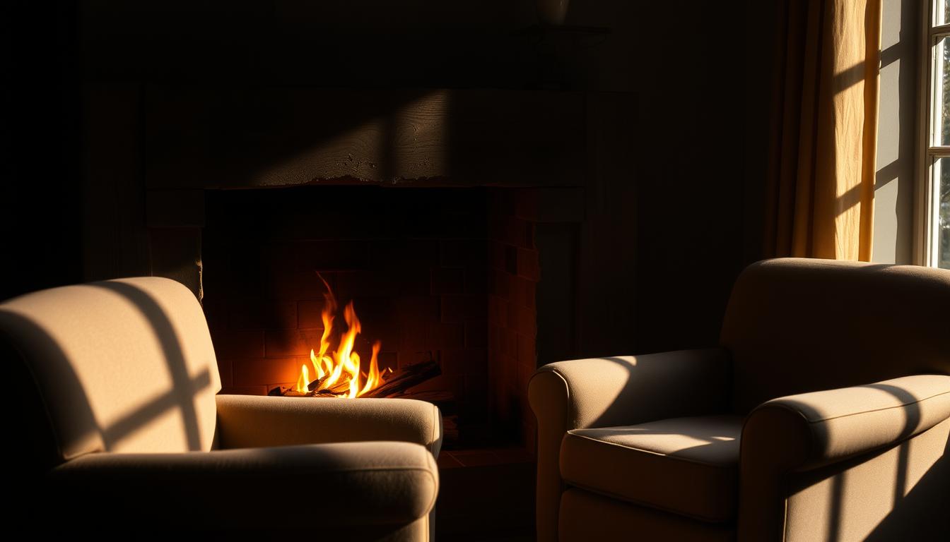 A cozy fireplace, its warm glow radiating through a dimly lit room. Soft, flickering flames dance across gently weathered logs, casting a comforting amber hue. Plush, inviting armchairs sit nearby, beckoning for a moment of relaxation. The air is filled with the subtle scent of crackling wood, creating a sense of soothing tranquility. Shadows stretch across the walls, adding depth and dimension to the scene. This intimate, peaceful setting evokes a palpable feeling of "chaleur" - the French word for warmth, comfort, and coziness.