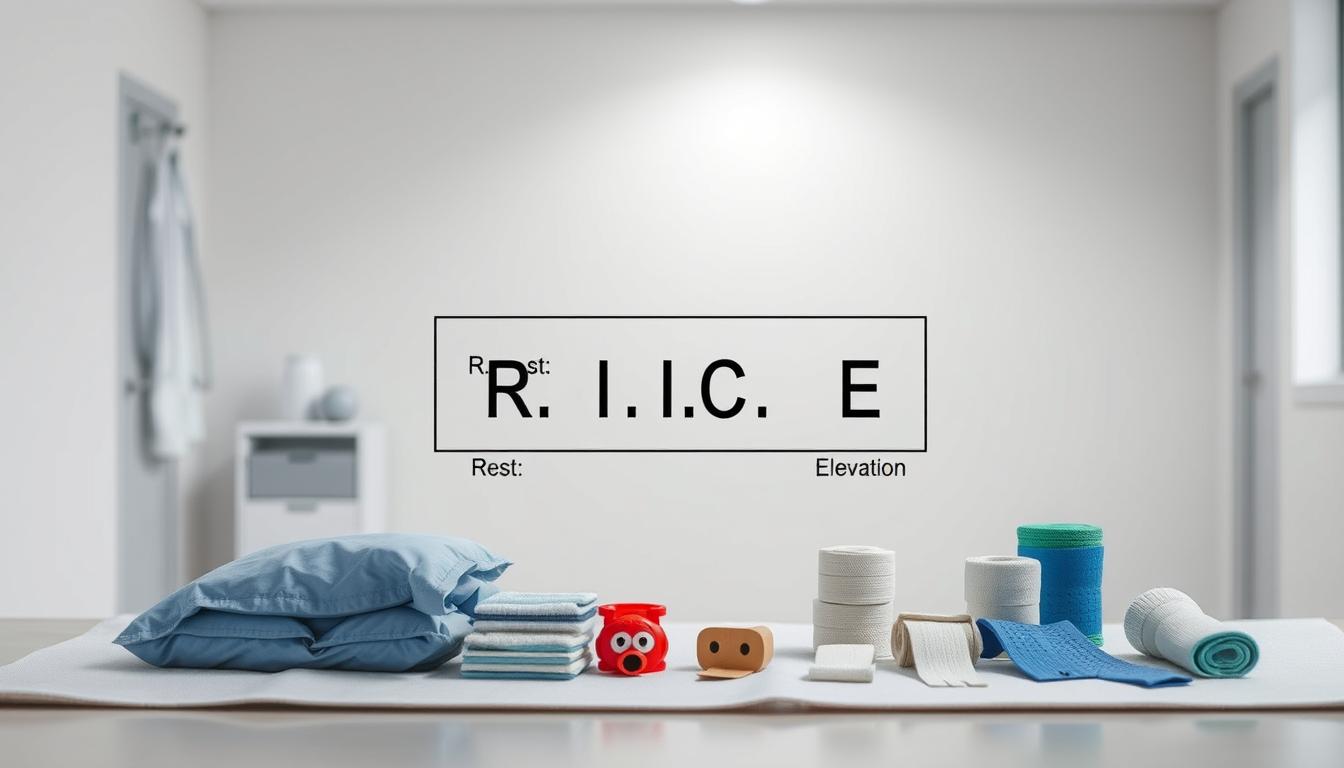 A detailed illustration of the R.I.C.E. protocol for sports injuries, set against a clean, clinical backdrop. In the foreground, a schematic diagram depicting the four key steps: Rest, Ice, Compression, Elevation. The middle ground showcases various sports injury treatments such as ice packs, bandages, and elevation aids, all arranged in a neatly organized manner. The background features a minimalist, slightly blurred medical environment with clean white walls and soft, diffused lighting, creating a soothing, professional atmosphere. The overall composition conveys a sense of structured, well-researched approach to sports injury management.