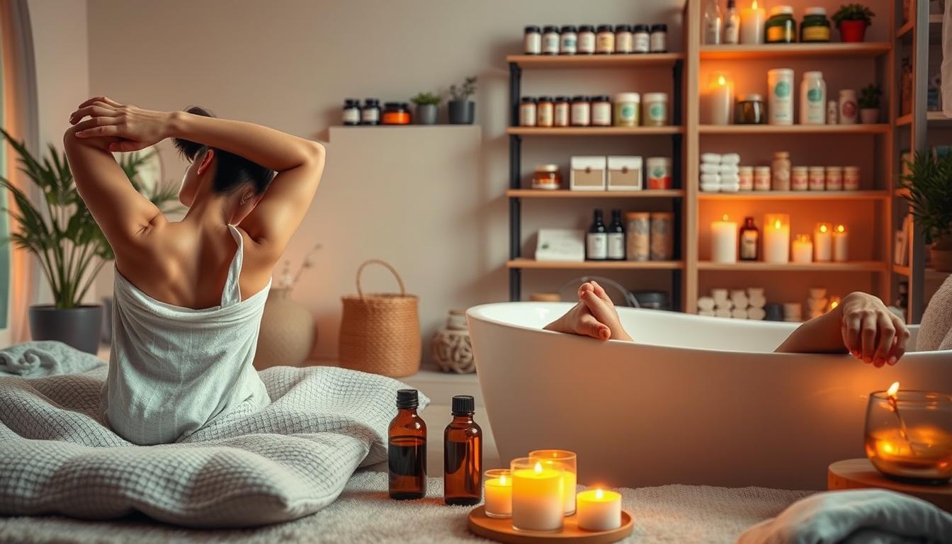 A serene and comforting scene depicting various self-care techniques for managing post-osteopathic pain. In the foreground, a person gently stretching and massaging their sore muscles, a heating pad providing soothing warmth. In the middle ground, a person soaking in a calming bath infused with essential oils, surrounded by candles casting a soft, golden glow. In the background, shelves stocked with natural remedies, pain relief creams, and relaxing teas, suggesting a holistic approach to recovery. The overall atmosphere conveys a sense of tranquility and self-care, empowering the viewer to find effective ways to manage their post-osteopathic discomfort.