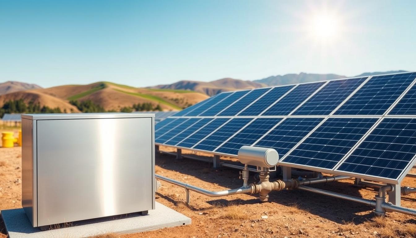 A solar energy storage system in a serene, sunlit landscape. In the foreground, a sleek, modern battery bank housed in a minimalist enclosure, its metallic surface gleaming. Surrounding it, an array of photovoltaic panels tilted towards the sky, capturing the sun's radiant energy. In the middle ground, a network of pipes and valves, part of a thermal storage system, blending seamlessly into the environment. In the distant background, rolling hills and a clear blue sky, accentuating the renewable, sustainable nature of the setup. Soft, warm lighting illuminates the scene, conveying a sense of efficiency and harmony between technology and nature.