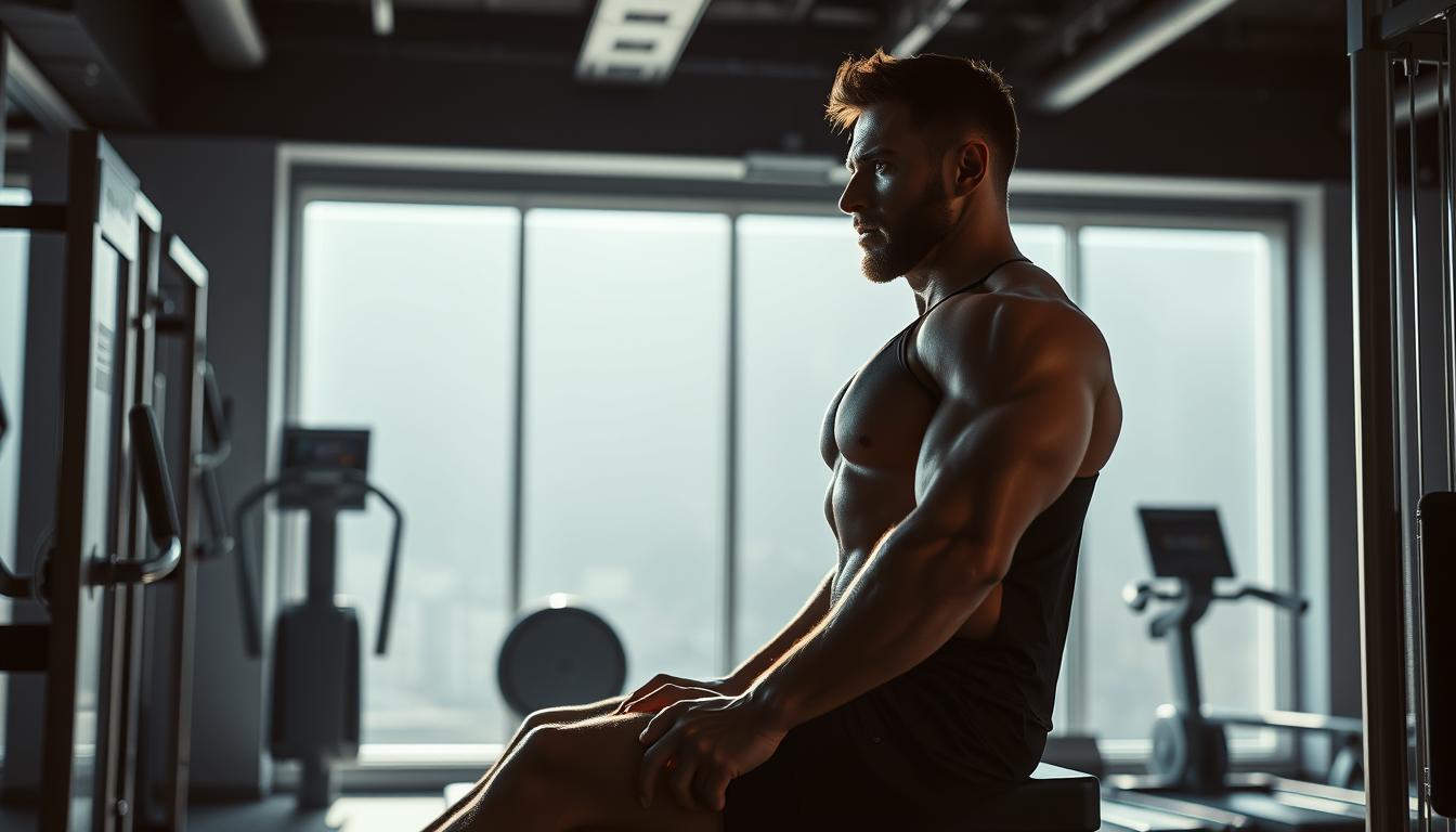A dimly lit gym interior, with a focus on a muscular male figure performing adductor exercises on a leg press machine. The man's intense expression and the tension in his legs are captured in vivid detail, highlighted by dramatic side lighting that casts long shadows across the scene. In the background, the gym's sleek, modern equipment and minimalist decor create a clean, sophisticated atmosphere, emphasizing the technical and professional nature of the recovery exercises. The overall composition evokes a sense of focus, determination, and the pursuit of physical rehabilitation and fitness.