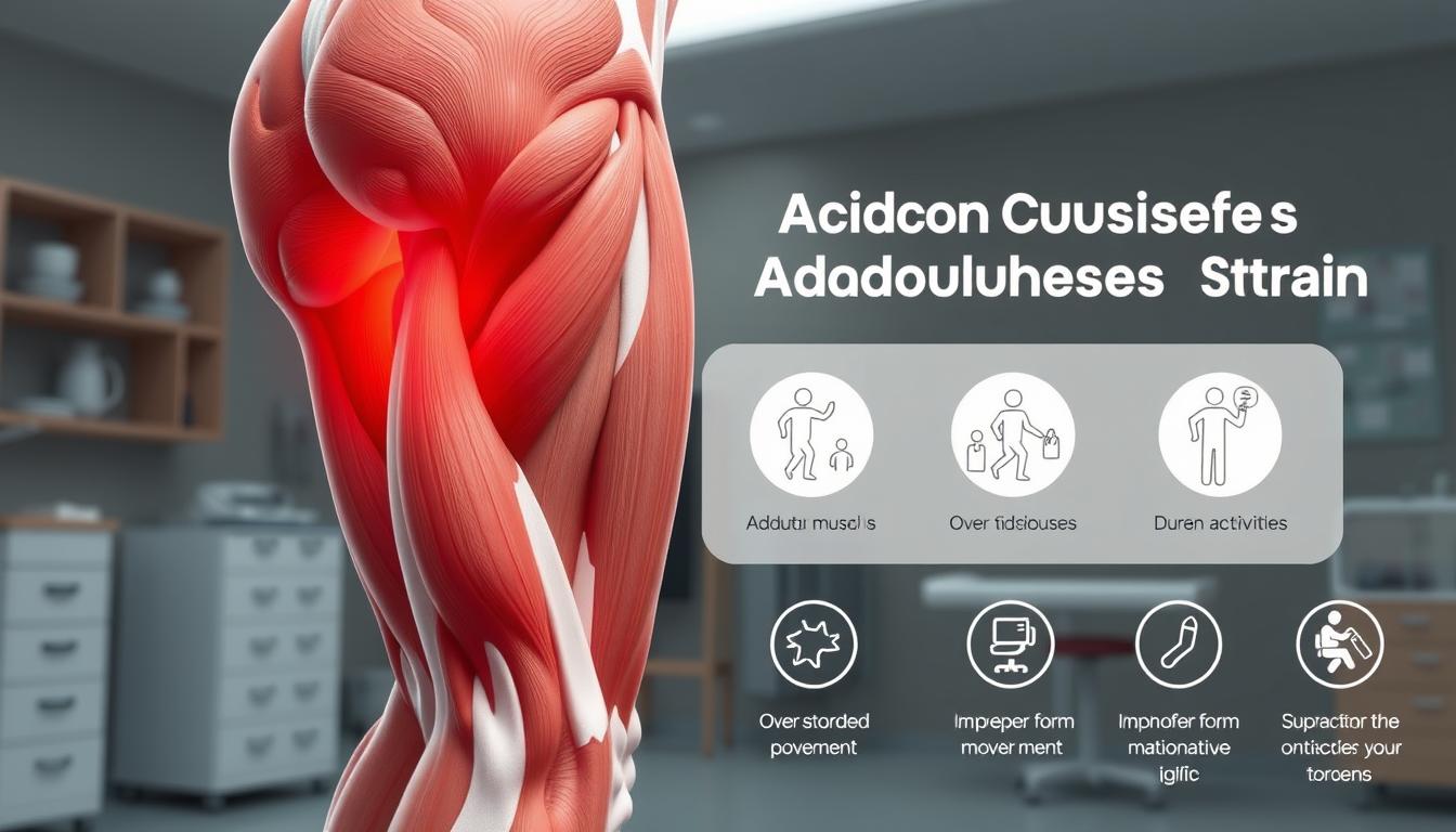 A detailed, anatomical illustration depicting the common causes of adductor muscle pain. The foreground shows a detailed 3D rendered model of the lower body, with the adductor muscles highlighted and labeled. In the middle ground, a series of icons or infographic elements illustrate various causes of adductor strain, such as overuse, sudden movements, and improper form during activities. The background features a clinical, sterile environment with medical equipment and a muted color palette, conveying a sense of professional, educational content. The lighting is soft and directional, emphasizing the musculature and visual information. The overall mood is informative and anatomically precise, suitable for inclusion in a medical article.