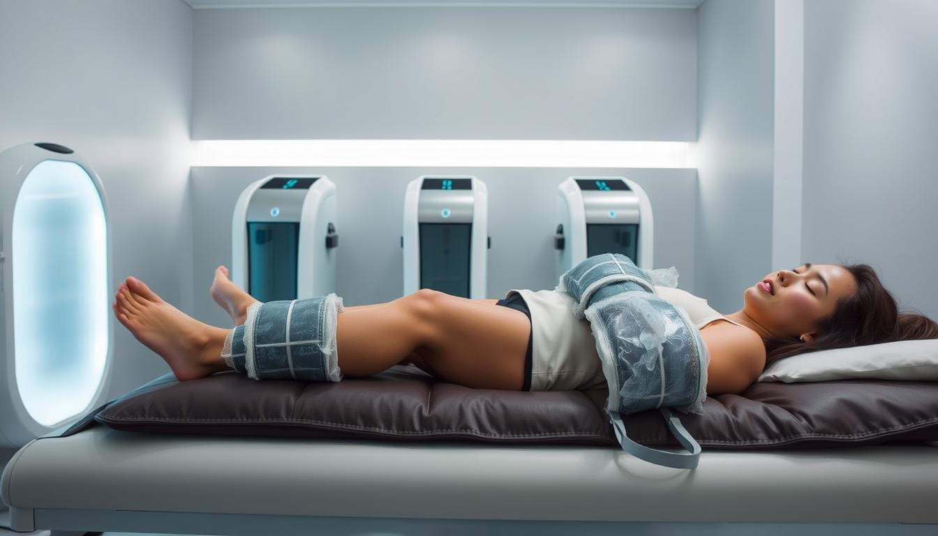 cryothérapie: a serene, clinical scene of a person undergoing cold therapy. In the foreground, a person lies on a padded treatment table, their limbs wrapped in icy cuffs or packs, a peaceful expression on their face as the cold sensation soothes their pain. The middle ground features state-of-the-art cryotherapy equipment, with sleek, modern designs in shades of white and steel. The background is a minimalist, well-lit medical setting, with clean walls and subtle accent lighting that creates a calming, professional atmosphere. The overall tone is one of clinical efficacy and therapeutic tranquility, conveying the power of cold to alleviate discomfort.