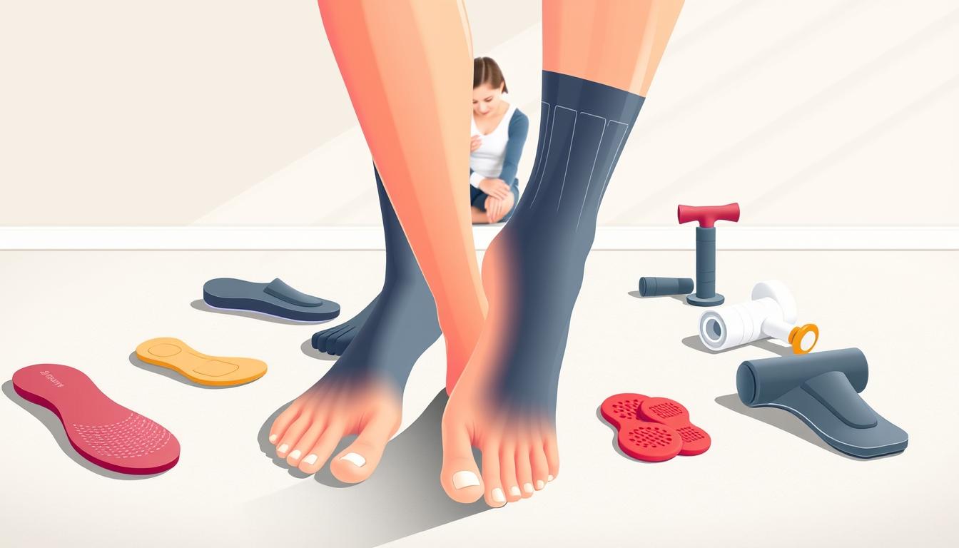 A vibrant illustration showcasing effective foot pain prevention techniques. In the foreground, a person's feet are prominently featured, with various therapeutic devices and accessories arranged around them, such as supportive insoles, compression socks, and a massage roller. The middle ground depicts the person gently stretching and exercising their feet, promoting flexibility and strength. The background features a soothing, minimalist environment, with soft lighting and muted colors to convey a sense of calm and well-being. The overall scene emphasizes the importance of proactive foot care and the variety of methods available to prevent and manage foot discomfort.