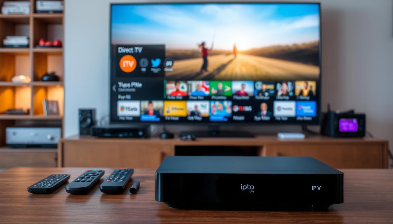 An indoor scene showcasing a variety of IPTV service providers in Spain. The foreground features a sleek, modern IPTV set-top box labeled "Directo IPTV", displayed prominently on a minimalist wooden table. Behind it, a collection of remote controls, streaming devices, and networking equipment are neatly arranged, hinting at the comprehensive suite of IPTV services available. The middle ground features a large, high-definition television screen displaying a vibrant, diverse array of live TV channels and on-demand content, reflecting the breadth of IPTV offerings. The background is a warm, softly lit interior, with a subtle grid of shelves or cabinets, suggesting the technical infrastructure supporting the IPTV ecosystem. The overall mood is one of sophistication, convenience, and the seamless integration of technology into the living space.