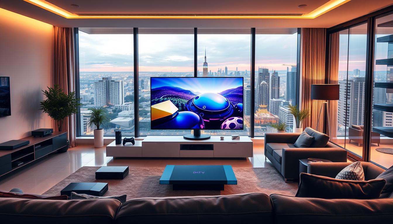 A sleek, modern home entertainment setup showcasing the Directo IPTV service. In the foreground, a large flatscreen TV displays a vibrant, high-definition live broadcast. Surrounding the TV, various connected devices like streaming boxes and gaming consoles hint at the vast on-demand content library. The middle ground features a contemporary living room with minimalist furniture and warm lighting, creating a cozy, immersive viewing experience. In the background, floor-to-ceiling windows provide a scenic vista of a bustling city skyline, emphasizing the convenience and flexibility of IPTV services in Spain. The overall mood is one of sophistication, comfort, and technological empowerment.