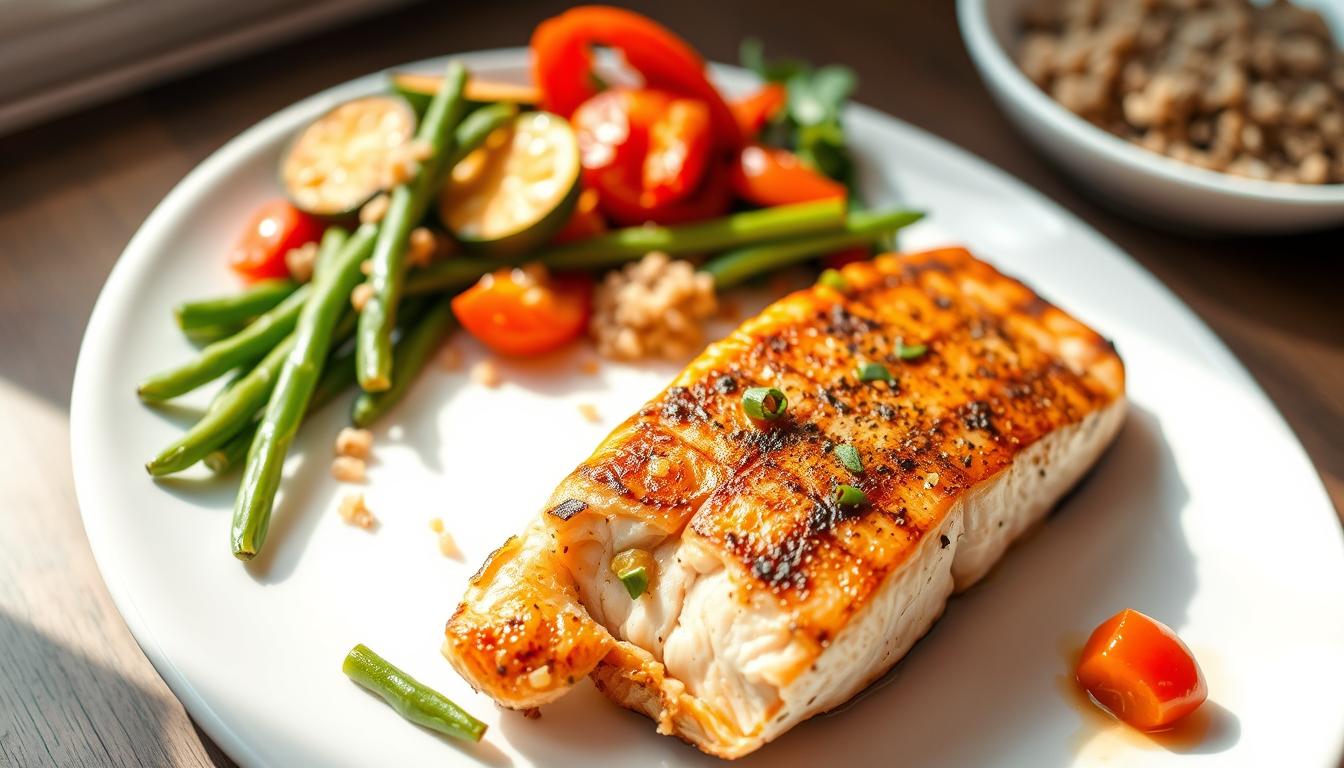 a plate of food with a piece of meat and vegetables