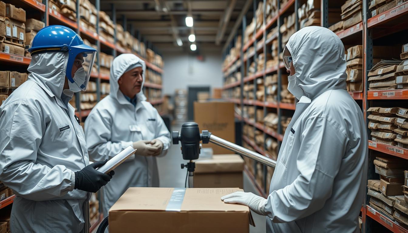 Tim fumigasi profesional dengan peralatan lengkap melakukan konsultasi