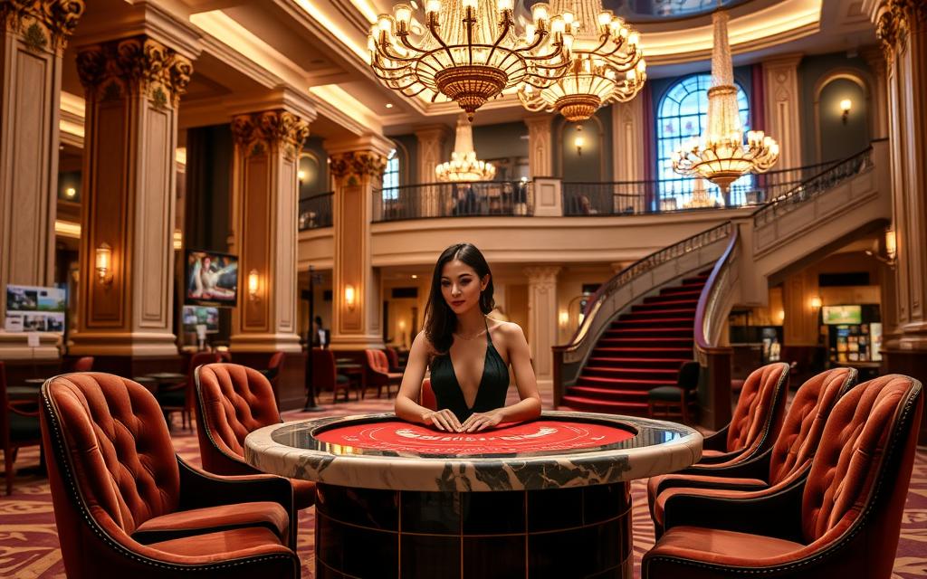 Codice Bonus Gomblingo - Guida completa 7 A lavish, modern gaming platform set in a luxurious Gomblingo casino. The scene features an elegant, well-dressed woman sitting at a high-end, marble-topped gaming table, surrounded by plush velvet chairs and opulent chandeliers casting a warm glow. The background showcases the casino's ornate architecture, with towering columns, intricate moldings, and a grand, sweeping staircase leading to a mezzanine level. The overall atmosphere evokes a sense of sophistication, exclusivity, and the thrill of high-stakes gaming.