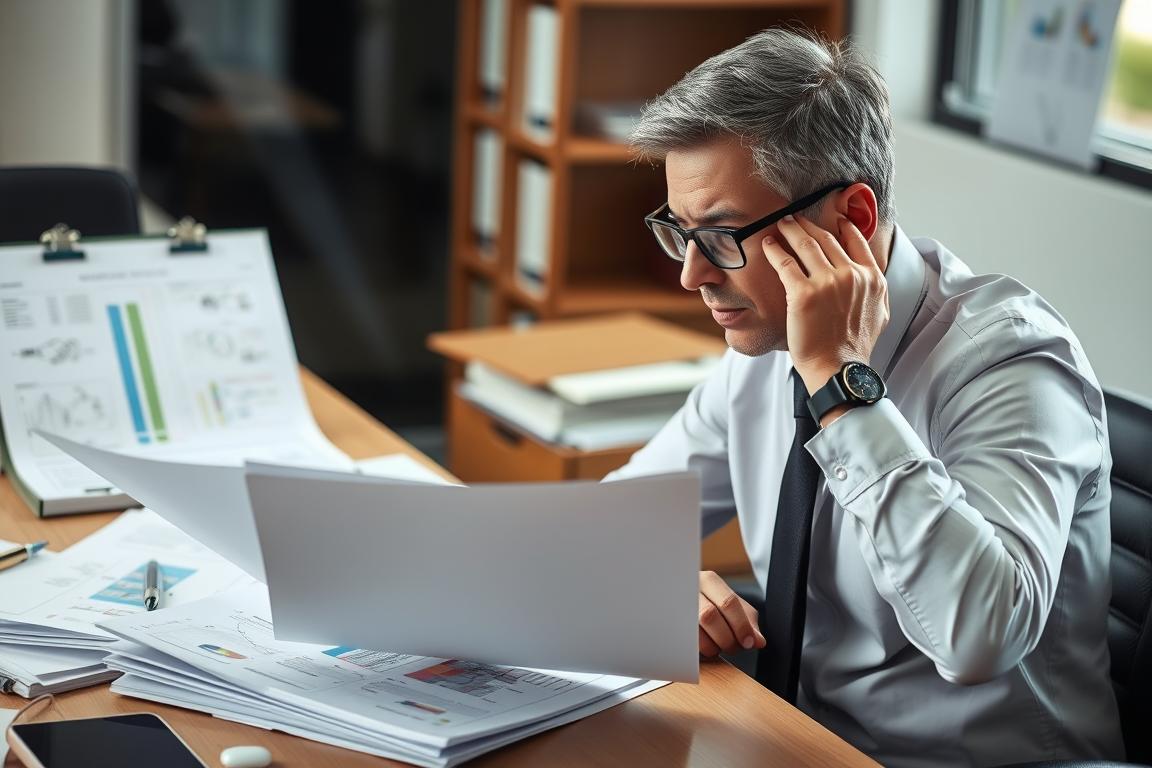 Business professional reviewing complex ADDC documentation and requirements