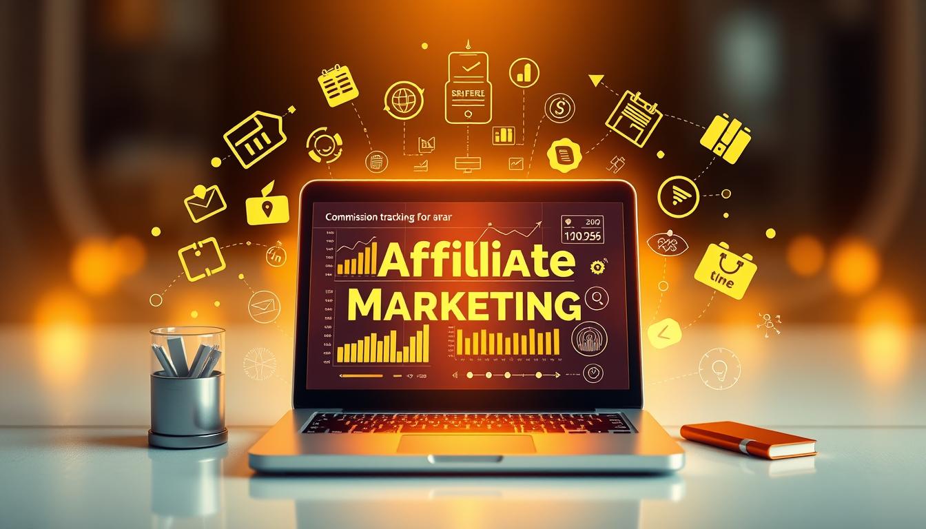 A vibrant, dynamic illustration of "Affiliate Marketing" featuring a central focus on a laptop displaying digital charts and analytics, surrounded by an array of icons and symbols representing the various components of affiliate marketing: commission tracking, referral links, audience engagement, and online revenue streams. The scene is bathed in a warm, golden-hued lighting, creating a sense of productivity and success. The background blurs softly, emphasizing the laptop as the centerpiece, with a subtle gradient providing depth and dimension. The overall composition conveys the power and potential of affiliate marketing as a pathway to generate additional income.