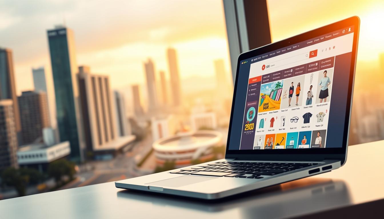 A vibrant, modern e-commerce scene showcasing the potential of online sales in Brazil. In the foreground, a sleek laptop displays a visually engaging web store interface, drawing the viewer's attention. The middle ground features a stylized product display, highlighting the diverse range of merchandise available. In the background, a cityscape of skyscrapers and bustling streets conveys the dynamic urban landscape that fuels Brazil's thriving digital marketplace. Warm, diffused lighting creates a sense of optimism and opportunity, while a minimalist, clean aesthetic reinforces the professionalism and sophistication of the online sales strategies on display.