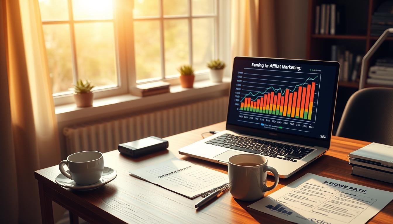 A serene office scene with a laptop, papers, and a cup of coffee on a wooden desk. Warm, natural lighting from a large window illuminates the space, casting soft shadows. On the laptop screen, a colorful graph or chart illustrates the potential for earning extra income through affiliate marketing on platforms like Hotmart, Kiwify, and Eduzz. The overall atmosphere conveys a sense of productivity, focus, and opportunity, inviting the viewer to envision their own journey towards supplementary earnings through this digital marketing approach.