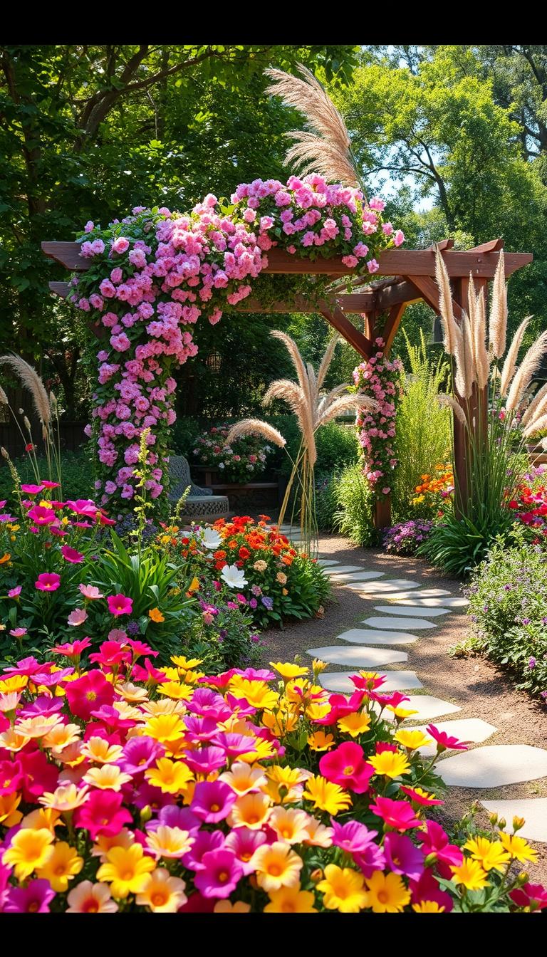Colorful garden design, bursting with vibrant hues and whimsical charm. In the foreground, a lush flowerbed blooms with a mix of vibrant petals in shades of pink, purple, and yellow. Winding pathways meander through the scene, inviting exploration. In the middle ground, a rustic wooden arbor is draped with cascading vines and blooming flowers, creating a sense of enchantment. Tall, ornamental grasses sway gently in the breeze, adding texture and movement. The background features a backdrop of verdant foliage, with dappled sunlight filtering through the leaves. The overall atmosphere is one of natural beauty, creativity, and the whimsical spirit of the "My Home Dec" hippie garden. Captured with a wide-angle lens, this scene exudes a sense of warmth, wonder, and the joy of embracing nature's artistry.