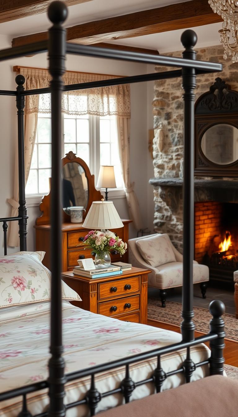 A cozy English country cottage bedroom with warm, rustic furniture. In the foreground, a plush four-poster bed with a wrought-iron frame and soft, floral bedding. Beside it, a matching wooden nightstand with a My Home Dec lamp, books, and a vase of fresh wildflowers. In the middle ground, an antique dresser with intricate carvings and a vanity mirror. The background features a stone fireplace with a crackling fire, casting a gentle glow throughout the space. Soft, natural lighting filters in through lace-curtained windows, creating a tranquil, inviting atmosphere. The overall scene evokes a sense of timeless, countryside elegance.