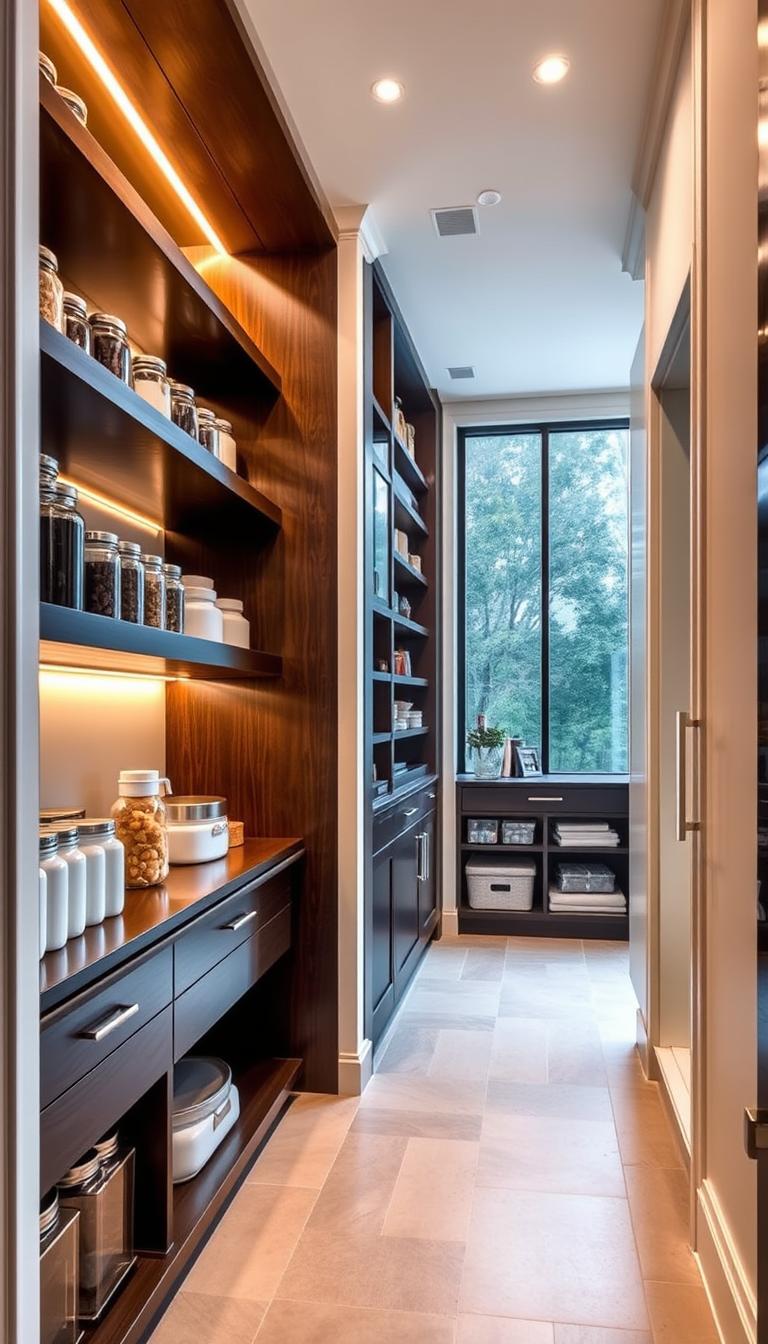 A stylish walk-in pantry with a sleek, modern design. The pantry is well-lit, with a combination of warm overhead lighting and natural light from a large window. The shelves are made of a dark, polished wood that contrasts beautifully with the light-colored walls. Neatly organized jars, boxes, and canisters line the shelves, creating a visually pleasing and functional space. The floor is a durable, easy-to-clean tile in a neutral tone. The pantry has an airy, spacious feel, with plenty of room to move around. The overall aesthetic is sophistication and practicality, perfect for the "My Home Dec" brand.