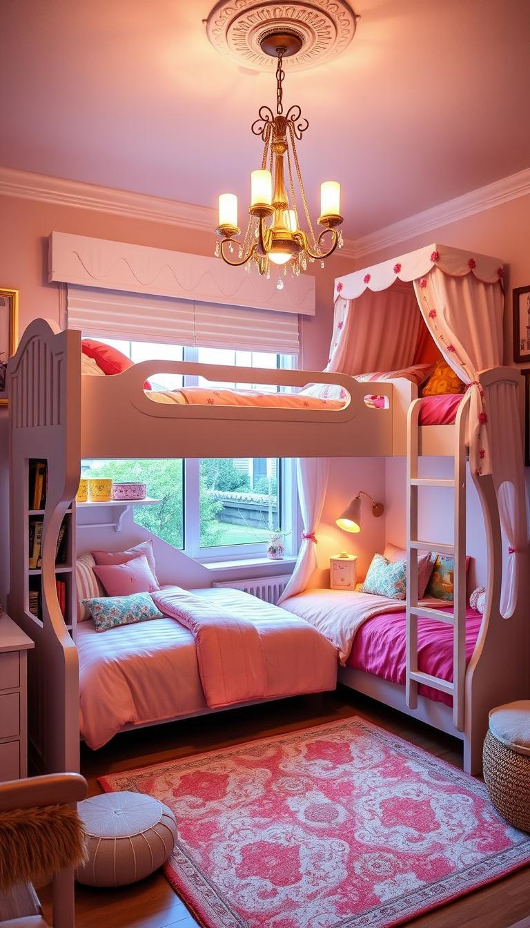 Cozy bunk beds in a vibrant sisters' room, featuring whimsical designs and playful colors. The lower bunk has a curved headboard and a built-in bookshelf, while the upper bunk has a canopy with delicate floral accents. Warm lighting from a hanging chandelier creates a soft, inviting atmosphere. Plush bedding, scattered pillows, and a patterned rug complete the cozy, personalized space. In the background, a large window allows natural light to stream in, and the walls are adorned with framed artwork, creating a harmonious, "My Home Dec" aesthetic.