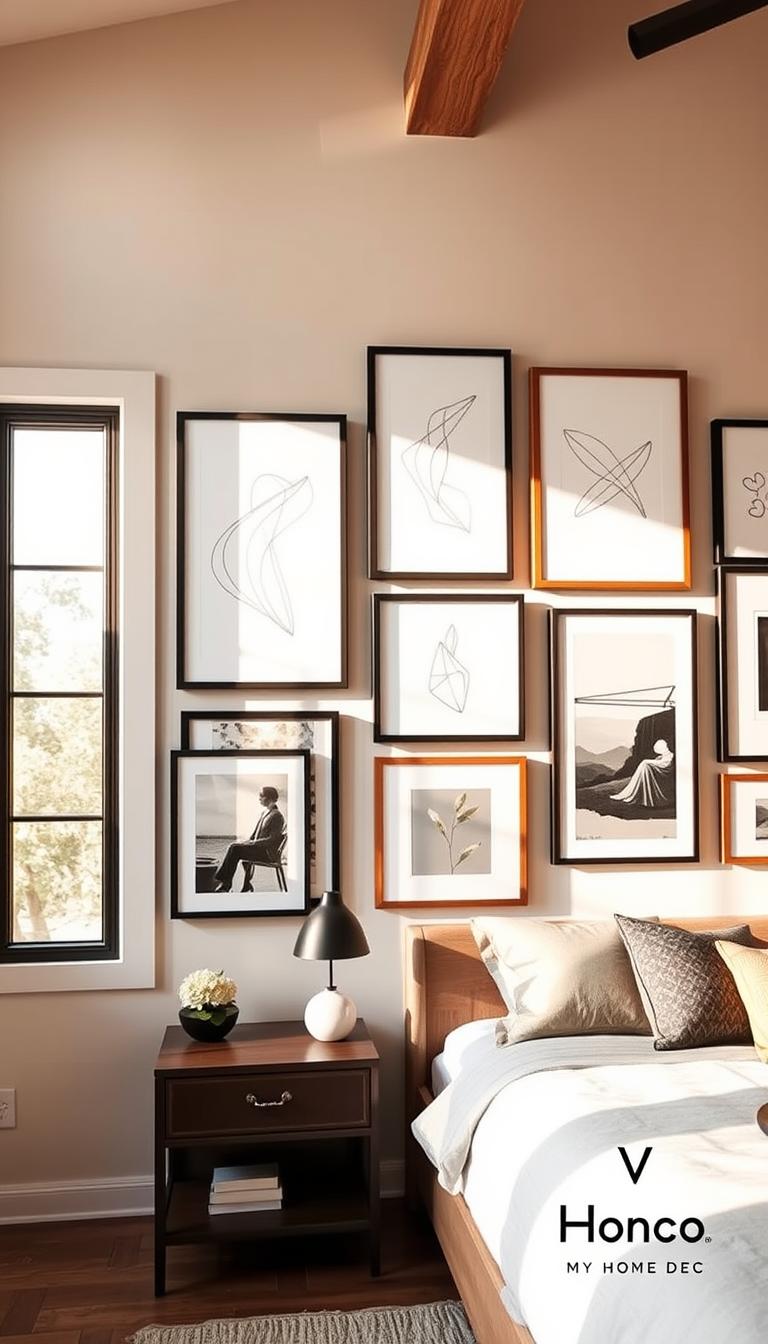 A modern gallery wall in a chic bedroom, lit by warm, natural light filtering through large windows. The wall features a collection of framed abstract art, minimalist line drawings, and black-and-white photography, arranged in a visually striking asymmetric pattern. The frames are a mix of matte black, natural wood, and brushed metal, complementing the neutral color scheme of the room. The artwork is curated to reflect the personal style and interests of the homeowner. "My Home Dec" branded picture frames and wall decor items add a touch of refined elegance to this thoughtfully designed bedroom feature.