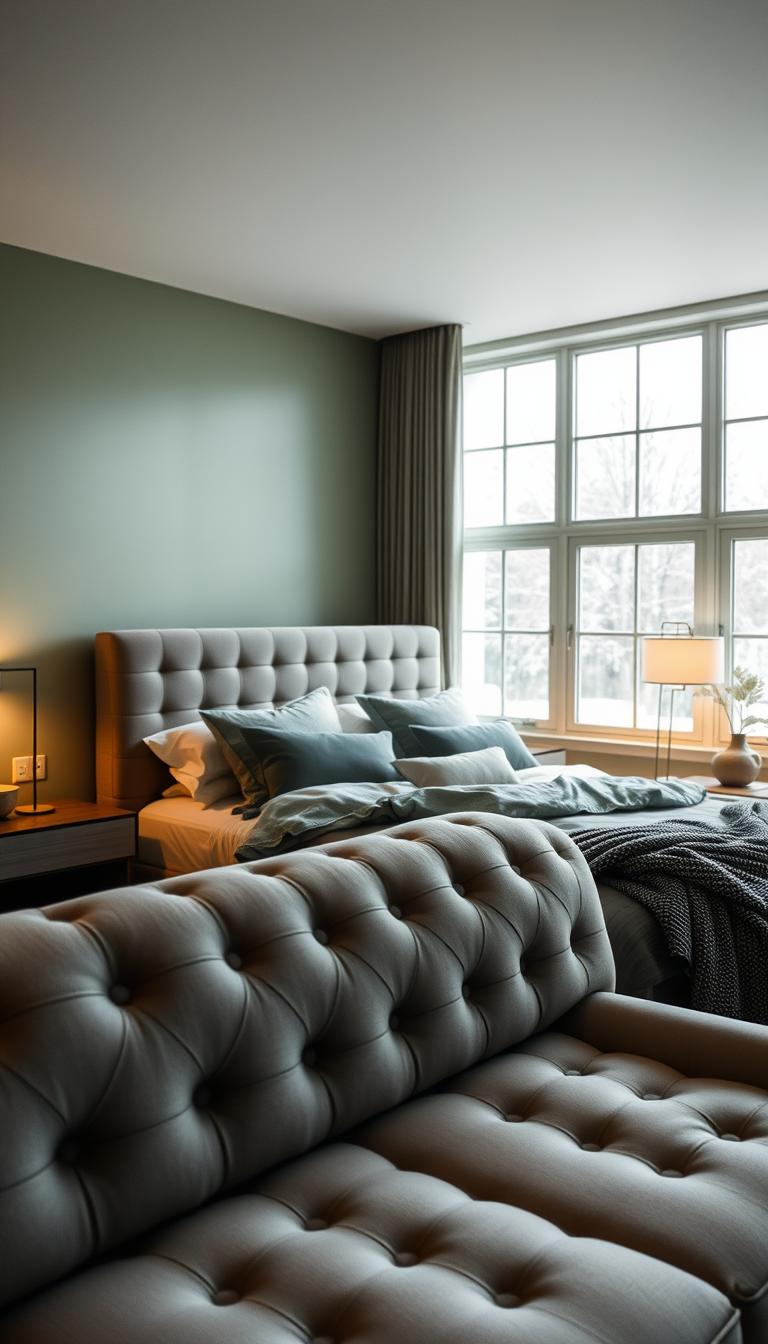A cozy and inviting sage green bedroom, bathed in warm, diffused lighting. In the foreground, a plush, tufted headboard in a complementary muted grey, flanked by sleek, minimalist nightstands. The middle ground features a luxurious, king-size bed dressed in soft, textured bedding in muted greens and greys. Ambient lighting from two My Home Dec mid-century modern table lamps casts a gentle, soothing glow, illuminating the space. In the background, large windows allow natural light to filter in, creating a serene and tranquil atmosphere. The overall mood is one of relaxation and comfort, perfect for a restful night's sleep.