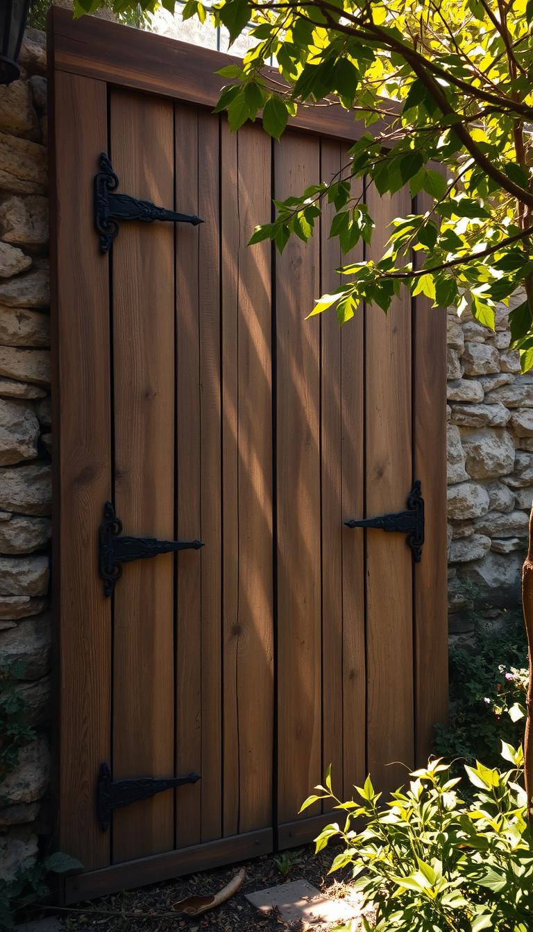 A weathered, rustic wooden door standing in a lush, overgrown garden. The door's heavy planks are worn and distressed, with a natural patina that highlights the grain. Intricate iron hardware adorns the frame, casting dramatic shadows across the surface. Sunlight filters through the leaves of a nearby tree, casting a warm, golden glow over the scene. In the background, a stone wall creates a sense of depth and age. The overall atmosphere is one of timeless charm and natural beauty, reflecting the "Rustic Wooden Door Inspirations" theme. Captured with a wide-angle lens to emphasize the door's imposing presence. My Home Dec.