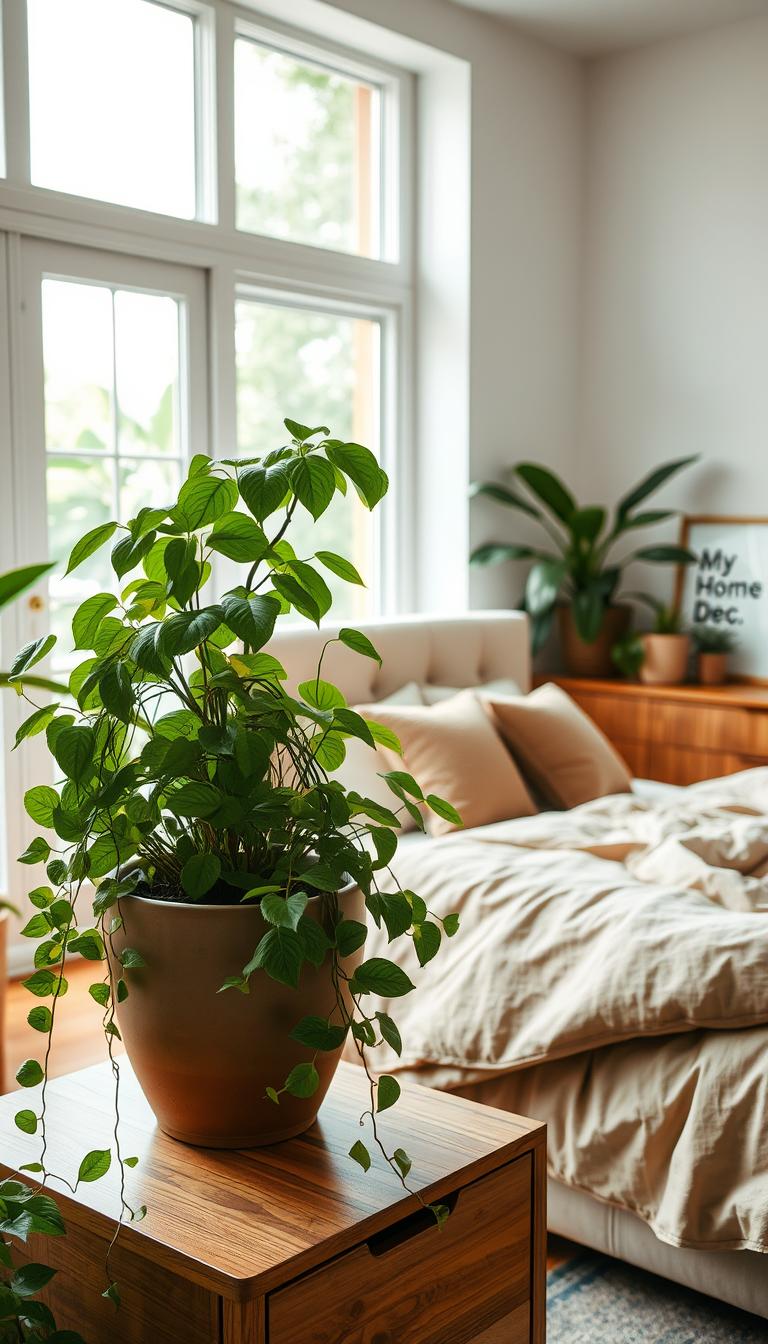 A cozy, well-lit bedroom featuring a beautifully curated mix of lush greenery and minimalist, bohemian-inspired decor. In the foreground, a large potted plant with cascading leaves sits atop a sleek, wooden nightstand. Trailing vines spill over the edges, adding a touch of organic elegance. In the middle ground, a plush, tufted headboard serves as the focal point, complemented by a neutral-toned bedding set and textured throw pillows. The background showcases large windows that flood the space with natural light, highlighting the calming presence of additional potted plants and a simple, wooden dresser displaying a "My Home Dec" framed artwork. The overall mood is one of tranquility and effortless sophistication.