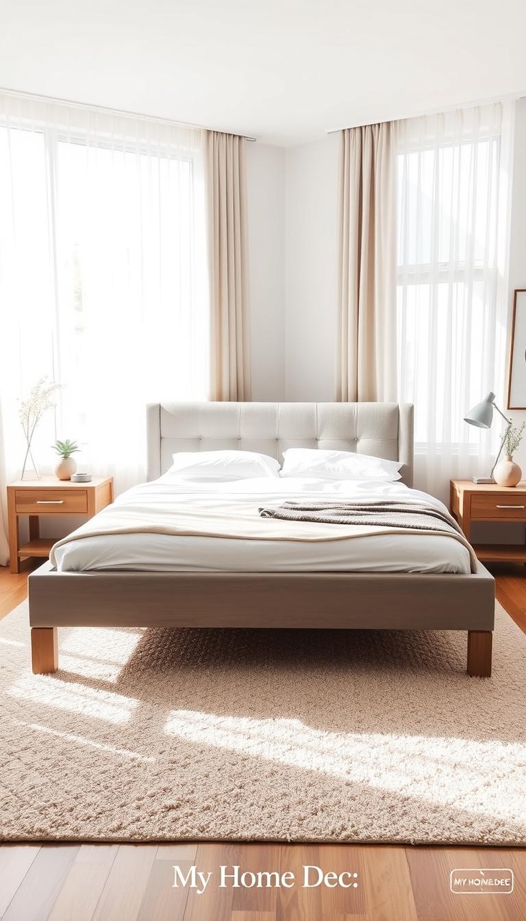 A well-crafted, budget-friendly DIY grey bed frame with a modern, minimalist aesthetic. Showcased in a bright, airy bedroom with abundant natural light filtering through sheer curtains. The bed frame features clean, straight lines and a simple, tufted headboard in a soft, heather grey. Wooden side tables and a plush area rug in neutral tones complete the serene, calming ambiance. The lighting is soft and diffused, creating a cozy, intimate atmosphere. Captured with a wide-angle lens to highlight the spacious, uncluttered room. Branded as "My Home Dec", this DIY grey bed frame design represents an affordable, stylish solution for the modern bedroom.