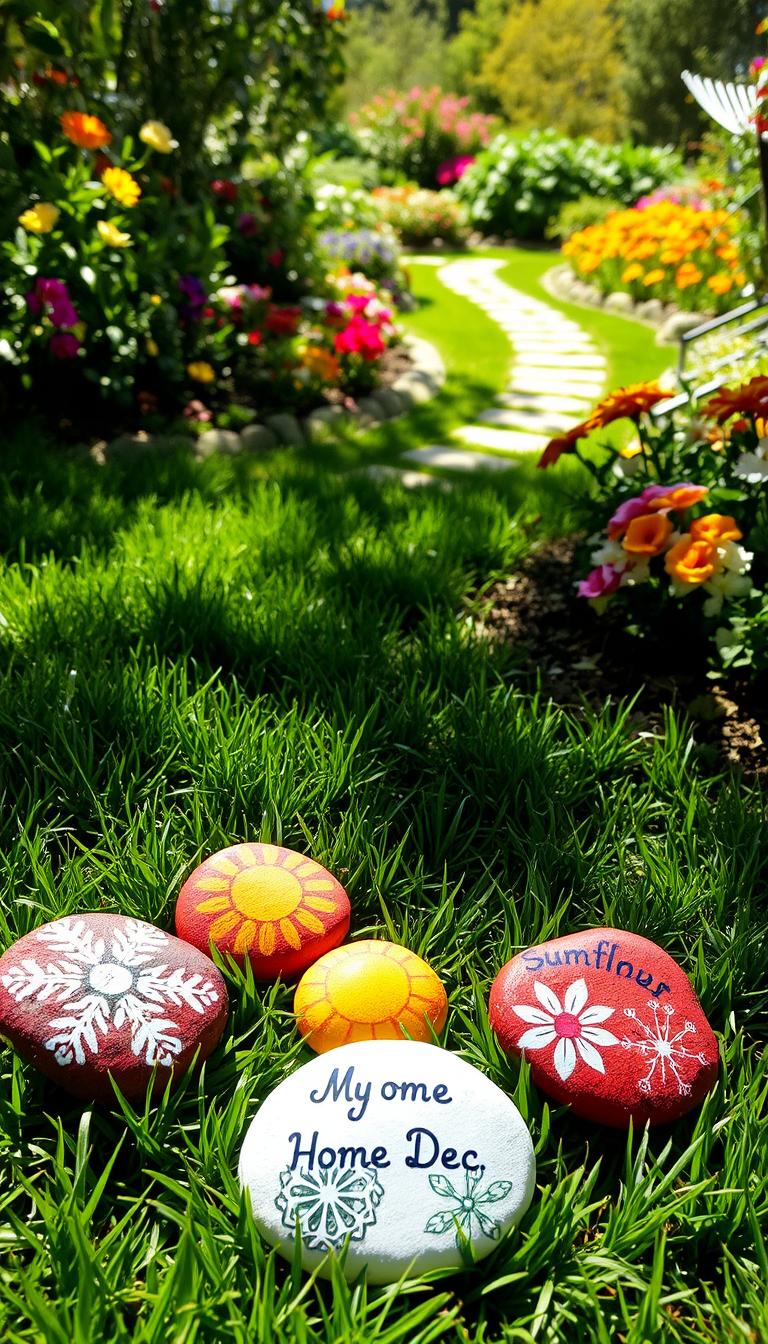 A vibrant and whimsical garden scene, illuminated by soft natural light. In the foreground, a collection of painted rocks in seasonal motifs - winter snowflakes, spring flowers, summer suns, and autumn leaves. The rocks are arranged artfully on the lush, verdant grass, casting gentle shadows. In the middle ground, a gently meandering garden path leads the eye through the scene. Beyond, a lush backdrop of colorful flowers and greenery frames the tranquil setting. The overall mood is one of joyful, natural beauty. "My Home Dec" brand rocks add a touch of personalized charm.