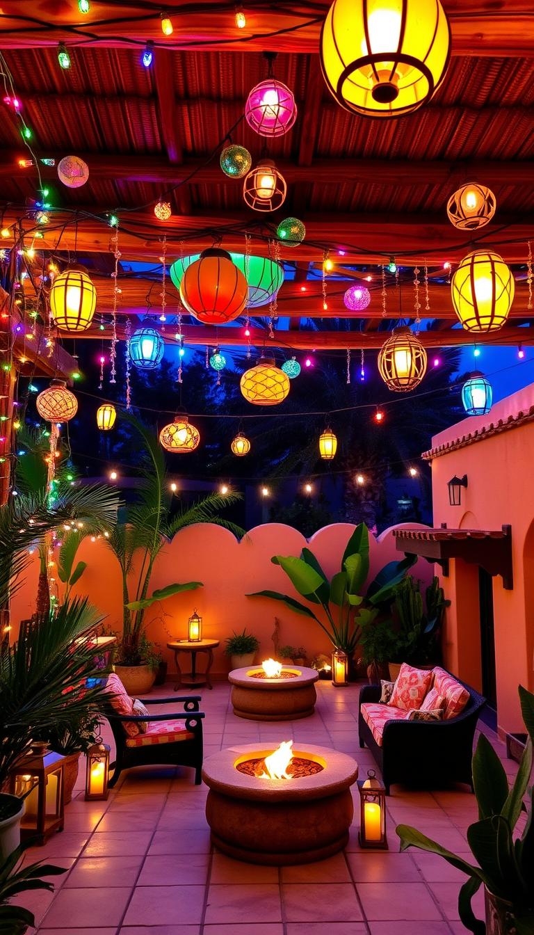 A vibrant outdoor Mexican patio with a stunning array of colorful lighting fixtures and illuminated décor. In the foreground, a rustic wooden pergola frames the scene, its beams adorned with a cascading array of string lights and lanterns. The middle ground features a tiled patio with a cozy seating area, accented by glowing candle-lit lanterns and a fire pit casting a warm glow. In the background, lush tropical foliage and a stucco adobe wall create a serene, hacienda-inspired ambiance. The overall scene is captured with a wide-angle lens, highlighting the depth and grandeur of this "My Home Dec" outdoor oasis.