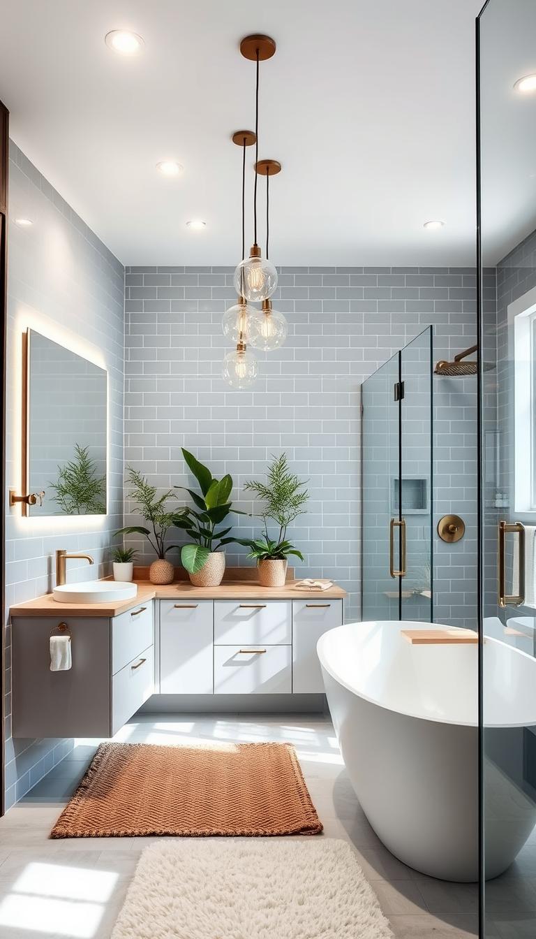 Bright, airy bathroom with modern, minimalist decor. Sleek vanity with floating shelves, large backlit mirror, and brushed brass fixtures. Subway tile walls in a soothing blue-gray hue, natural stone countertops. Recessed lighting casts a warm glow, accented by a trio of pendant lights over the vanity. Lush potted plants and a plush area rug add softness. Matte white freestanding tub, large glass shower enclosure. My Home Dec - modern, inviting bathroom remodel.