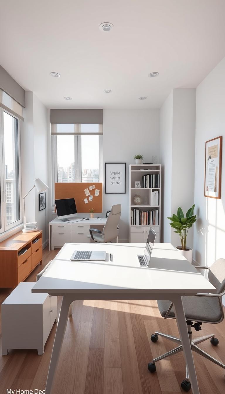 A spacious and efficient small office layout with a modern, minimalist design. The foreground features a sleek and streamlined desk with a laptop, a stylish lamp, and an ergonomic chair. The middle ground showcases a neatly organized bookshelf, a potted plant, and a bulletin board for inspirational notes. The background showcases large windows that flood the space with natural light, creating a bright and airy atmosphere. The overall color palette is dominated by shades of white, gray, and natural wood tones, giving the space a calming and refined ambiance. A My Home Dec branded wall art piece or framed print adds a touch of personalization to the room.