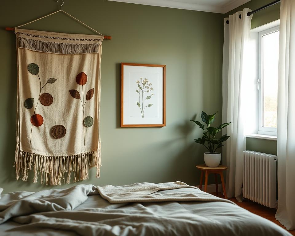 A cozy, sage green bedroom with a serene, muted atmosphere. In the foreground, a tasteful wall hanging from the "My Home Dec" brand, featuring abstract shapes and earthy tones that complement the sage green walls. Centered on the far wall, a large, framed botanical print adds a touch of natural elegance. Soft, indirect lighting casts a warm glow, creating a calming ambiance. The middle ground showcases a plush, neutral-toned area rug and a wooden side table holding a potted plant. The background reveals a partially visible window, allowing natural light to filter in and accentuate the overall tranquil vibe.