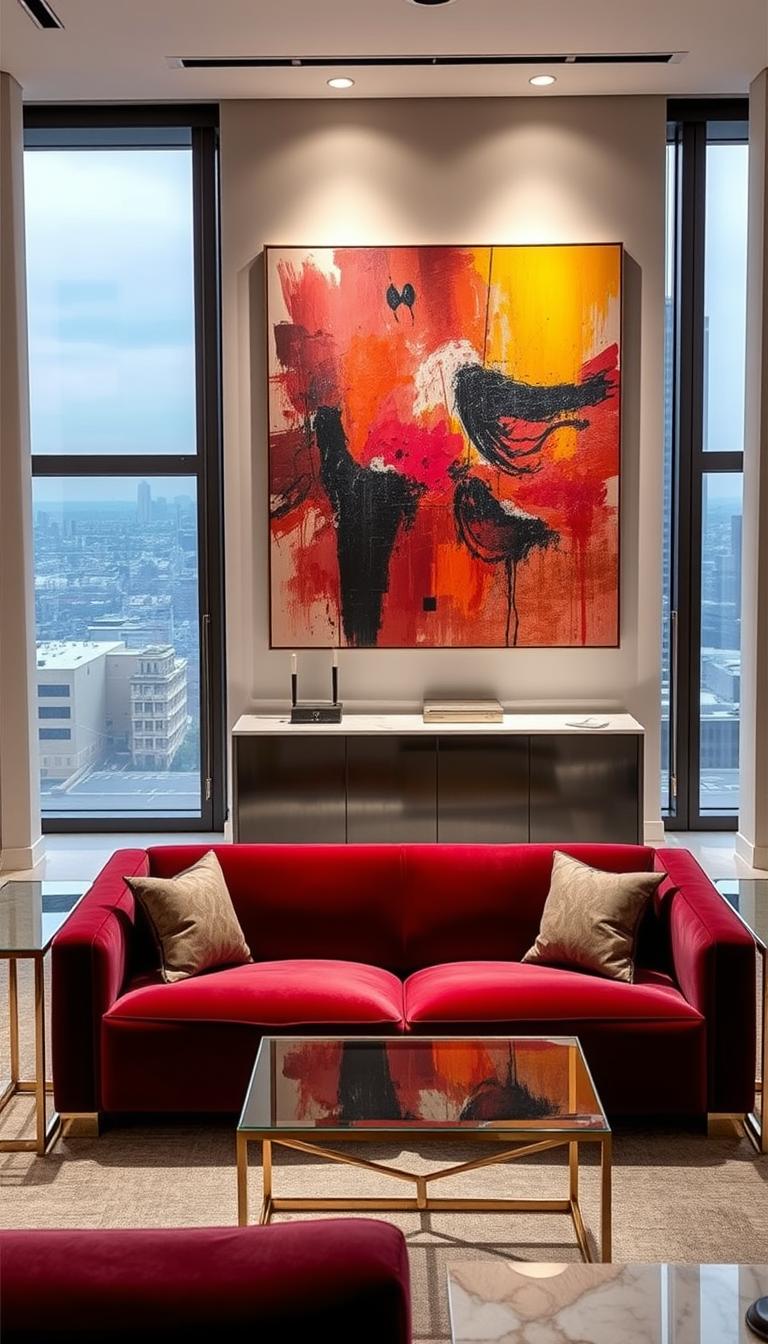 A cozy and luxurious modern apartment interior with an emphasis on art and decor. In the foreground, a plush velvet sofa in a deep burgundy hue, accented by a pair of sleek chrome side tables and a minimalist glass coffee table. The middle ground features a large abstract painting in vibrant colors, the focal point of the room. Indirect lighting from concealed sources creates a warm, ambient glow. The background showcases floor-to-ceiling windows, revealing a breathtaking cityscape outside. Subtle textures and layers of high-end materials, such as polished marble and brushed brass, imbue the space with an air of sophistication. The overall aesthetic is a harmonious blend of contemporary design and artistic expression, brought to life by "My Home Dec".