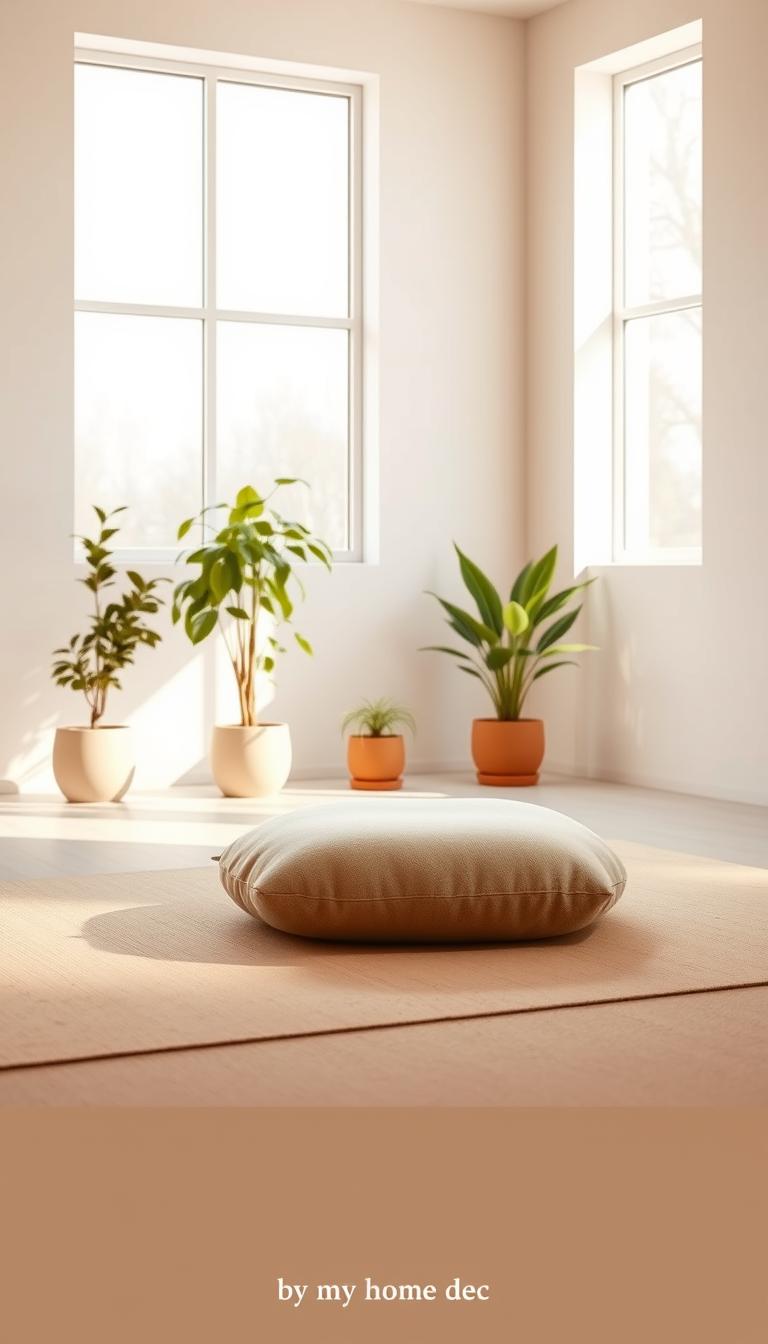 A serene, minimalist indoor meditation space with natural lighting filtering through large windows. Soft, earthy tones create a calming ambiance. A plush, low-to-the-ground cushion sits in the center, inviting tranquil contemplation. Potted plants in the background add organic touches. The space evokes a sense of balance and mindfulness. Designed by My Home Dec, this meditative oasis is perfect for finding moments of peace.
