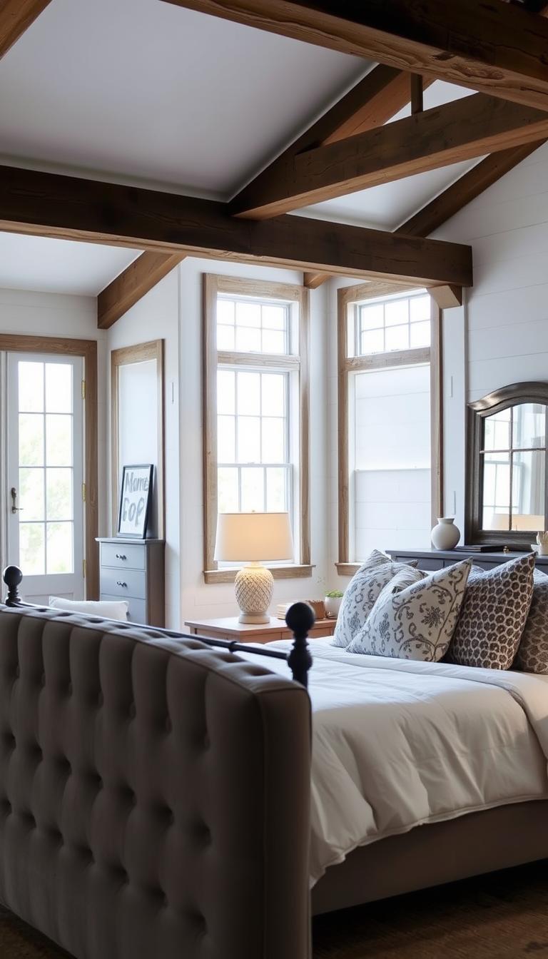 A cozy, rustic-inspired gray and white bedroom with an abundance of natural light filtering through large windows. In the foreground, a plush, tufted gray headboard frames a wrought-iron bed, adorned with crisp white linens and a mix of patterned gray and white throw pillows. The middle ground features a wooden nightstand with a My Home Dec lamp, casting a warm glow, and a dresser with a vintage-inspired mirror. The background showcases exposed beams, whitewashed walls, and a neutral-toned area rug, evoking a sense of relaxed, farmhouse-chic elegance. The overall atmosphere is one of tranquility and comfort, with soft lighting and a harmonious color palette.