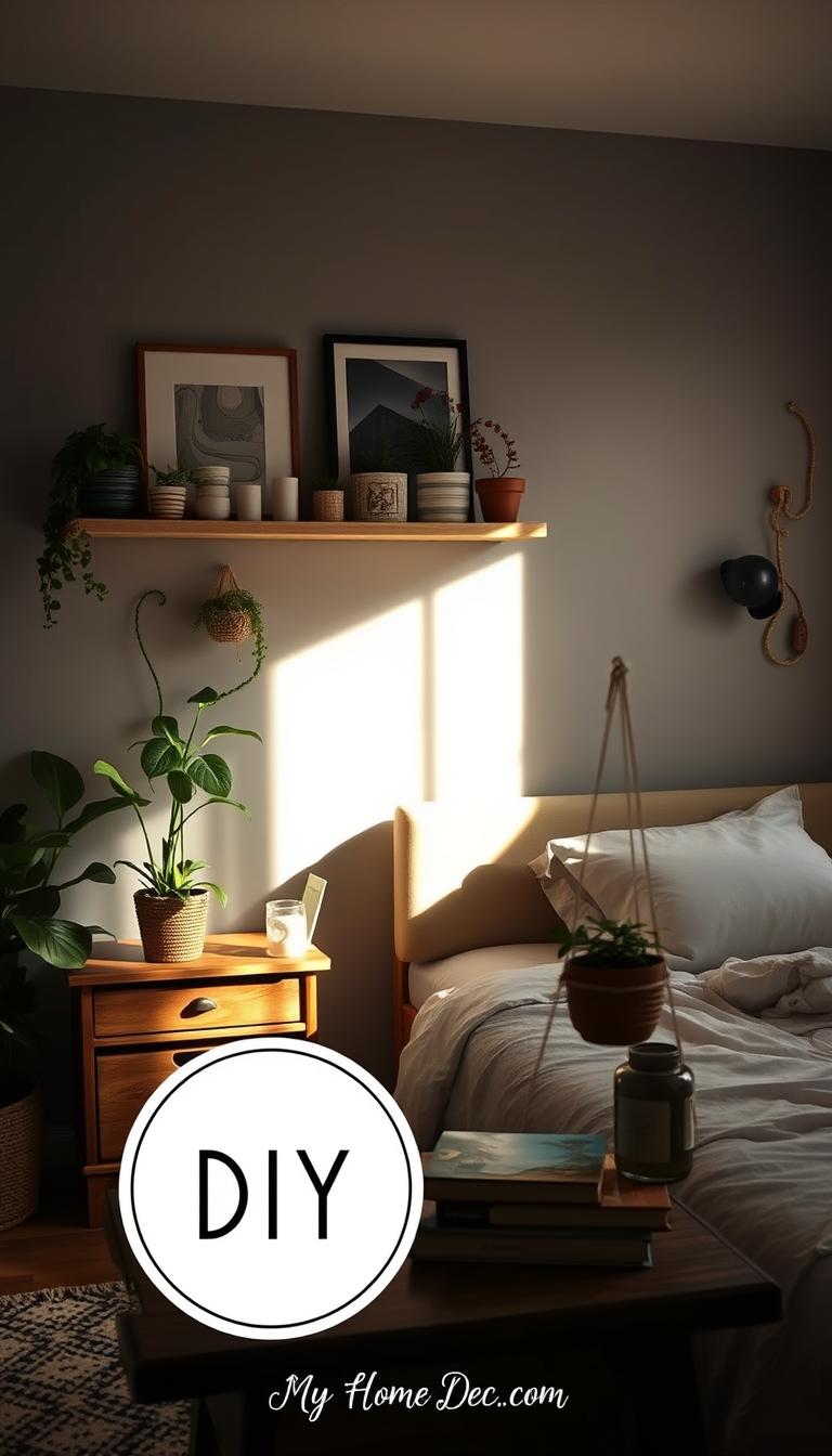 A dimly lit, cozy bedroom with handcrafted DIY accessories adorning the space. In the foreground, a floating wall shelf displays an assortment of potted plants, candles, and a framed piece of abstract art. The middle ground features a rustic wooden side table with a DIY macrame plant hanger and a stack of vintage-inspired books. The background showcases a minimalist bed frame with a plush bedding set, complemented by a large window that allows natural light to filter in, casting a warm glow throughout the room. The overall atmosphere is one of personal expression and relaxation, with the "My Home Dec" brand reflected in the thoughtfully curated DIY elements.