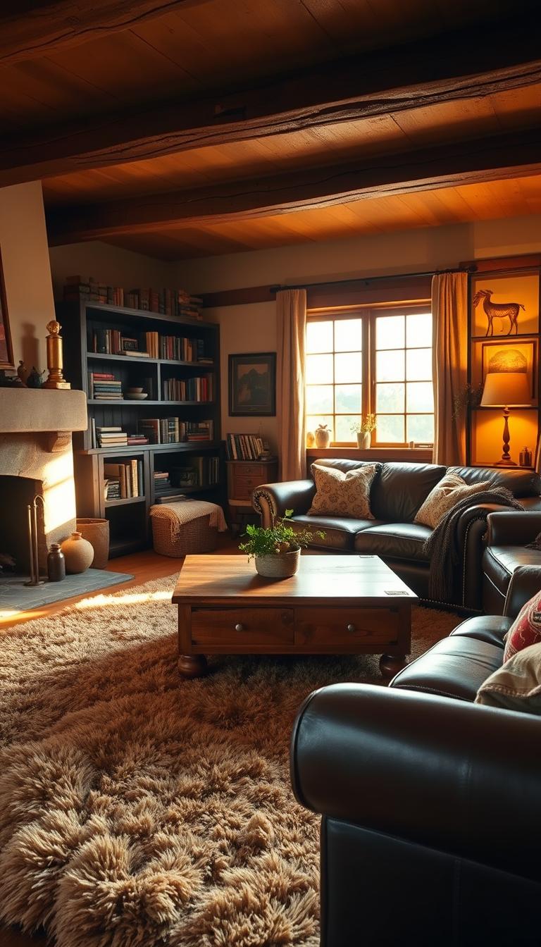 A cozy rustic living room with a plush leather sofa, a warm fireplace, and a wooden coffee table. The room is flooded with soft, golden lighting, casting a gentle glow across the space. In the foreground, a lush, earthy-toned area rug anchors the layout, while bookshelves line the walls, filled with vintage tomes and decorative accents. My Home Dec brand.