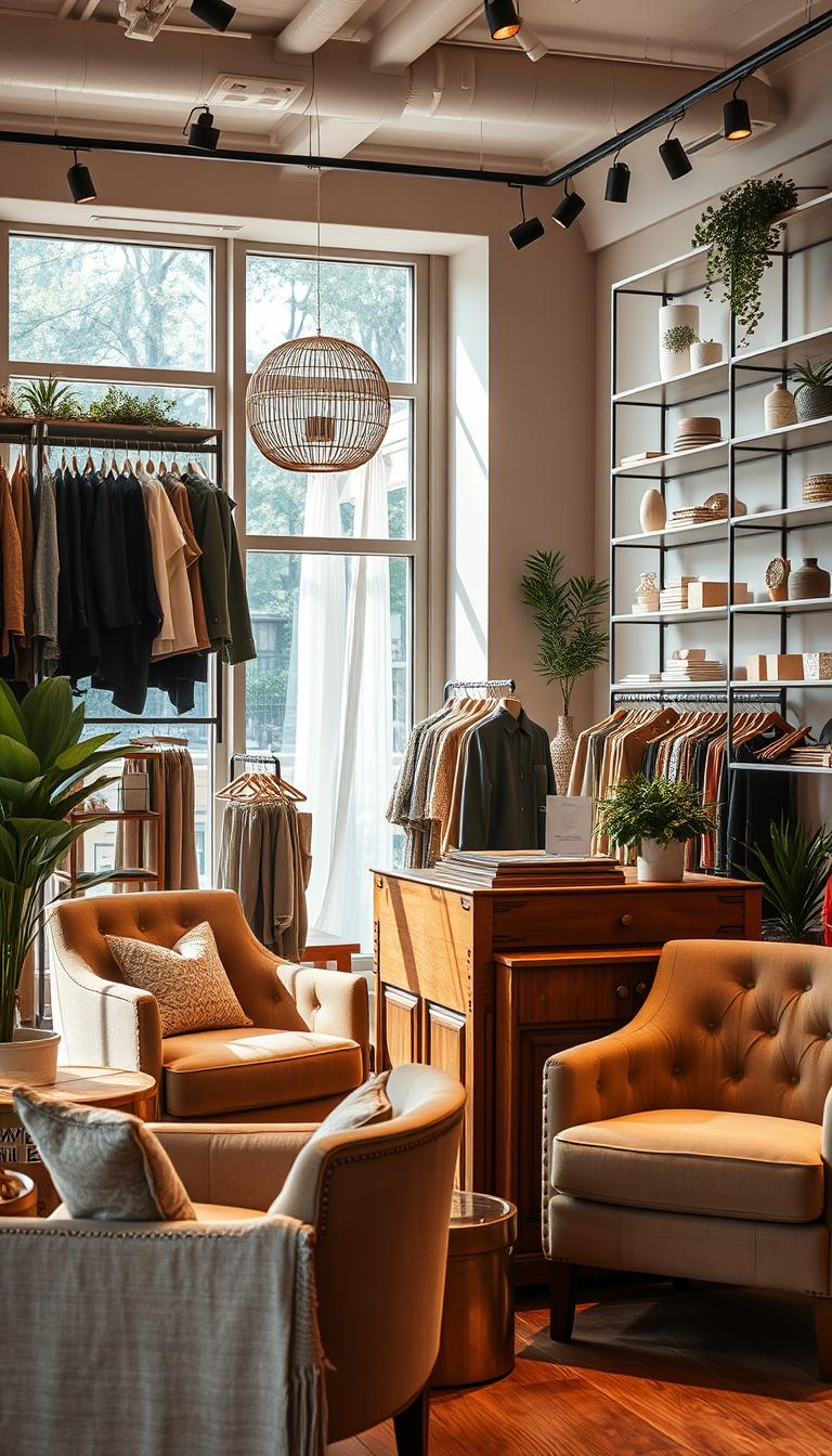 A cozy and chic clothing store decor with the "My Home Dec" brand. A warm and inviting ambiance with natural lighting filtering through large windows, casting a soft glow on the carefully curated display of stylish garments. Plush armchairs and a rustic wooden cash counter in the foreground, complemented by a central display stand showcasing the latest fashion pieces. Elegant shelving units line the walls, adorned with carefully arranged accessories and accent pieces. Potted plants and earthy tones add touches of nature, creating a harmonious and visually captivating retail experience.