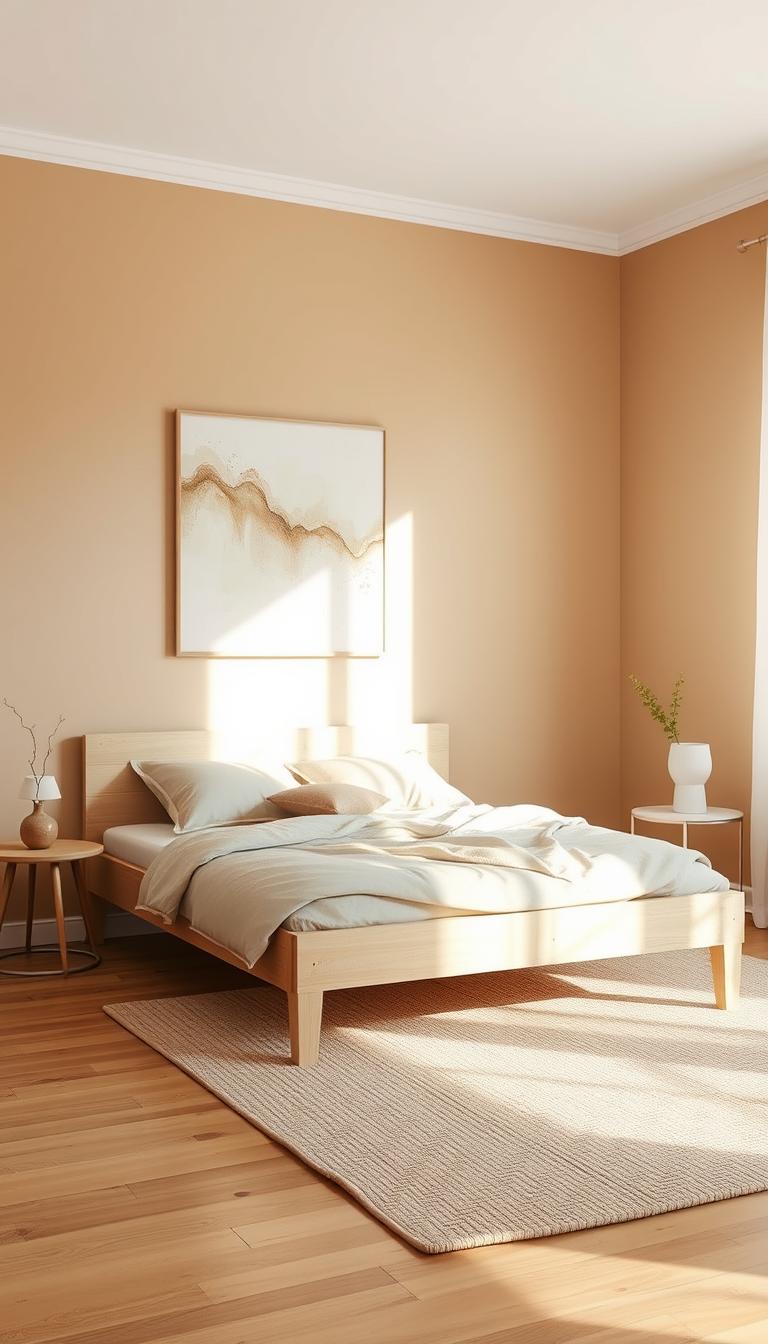 A minimalist, neutral-toned bedroom with warm, soft lighting casting a serene ambiance. A pristine, light-colored wooden bed frame is the focal point, accompanied by a plush, neutral-hued bedding set. The walls are painted in a soothing, earthy tone, complemented by a single, oversized piece of abstract art. A sleek, modern side table with a single, minimalist lamp and a small, potted plant adds to the calming, natural aesthetic. The hardwood flooring is covered by a neutral, woven area rug, tying the space together. This "My Home Dec" bedroom exudes a sense of tranquility and timeless sophistication.