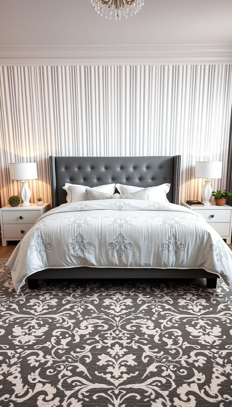 Prompt A spacious, cozy grey and white bedroom with a harmonious blend of patterns. In the foreground, a plush, tufted grey headboard with delicate white embroidery details. Layered on the bed, a serene white comforter adorned with a subtle geometric pattern in a muted grey palette. Flanking the bed, two matching white nightstands with sleek, minimalist lamps casting a warm, ambient glow. In the middle ground, a large, ornate grey and white area rug with an intricate damask motif grounds the space. The background showcases a feature wall covered in a striking white and grey striped wallpaper, creating visual depth and interest. Accents of natural wood tones and greenery add organic touches. Photographed with a wide-angle lens to capture the My Home Dec bedroom design in its entirety.
