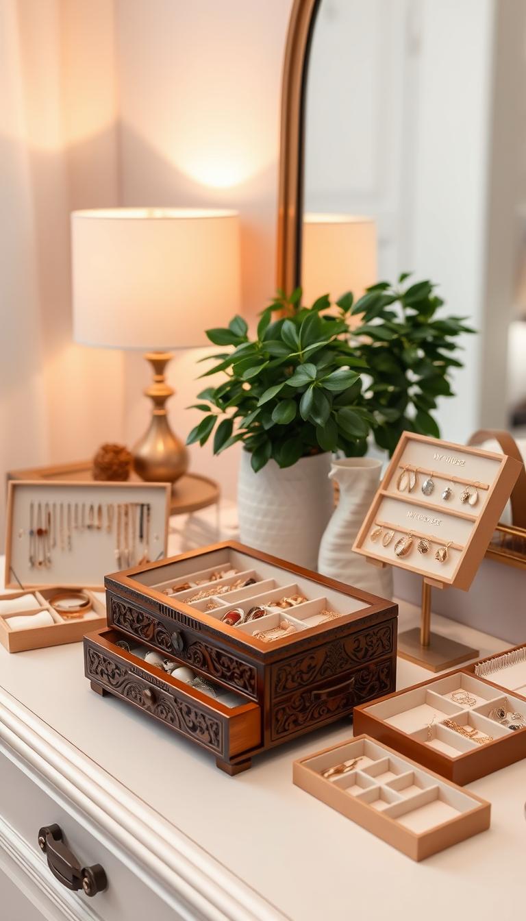 An elegant jewelry storage solution displayed in a bedroom dresser vignette. In the foreground, a wooden jewelry box with intricate carvings and a polished finish sits atop the dresser. Surrounding it are various My Home Dec jewelry trays and organizers, showcasing a curated collection of necklaces, bracelets, and earrings. The mid-ground features a lush, green potted plant and a decorative vase, adding a touch of nature to the composition. The background is softly lit, with warm, diffused lighting creating a cozy and inviting atmosphere. The overall scene exudes a sense of refined sophistication and functional organization, perfectly complementing the "Functional Yet Beautiful Organization" theme.