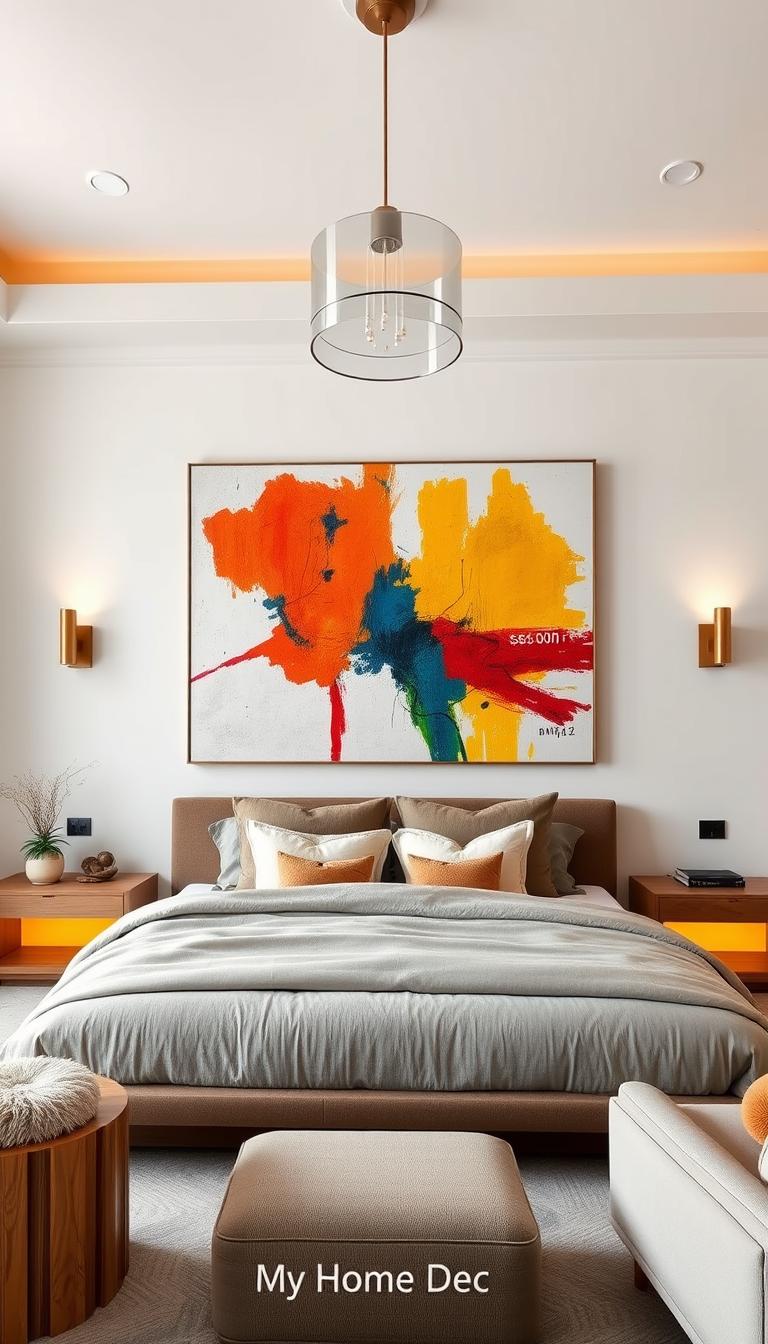 A luxurious master bedroom with a feature wall showcasing an oversized, abstract art piece. The painting's bold, vibrant colors and dynamic brushstrokes take center stage, complemented by a neutral, minimalist palette. Soft, warm lighting from sconces and a pendant fixture create a cozy, inviting atmosphere. The art is the focal point, with the surrounding wall providing a clean, contemporary backdrop. Textured accents like plush textiles and wooden furnishings add depth and visual interest. "My Home Dec" curates this serene, art-centric sanctuary.